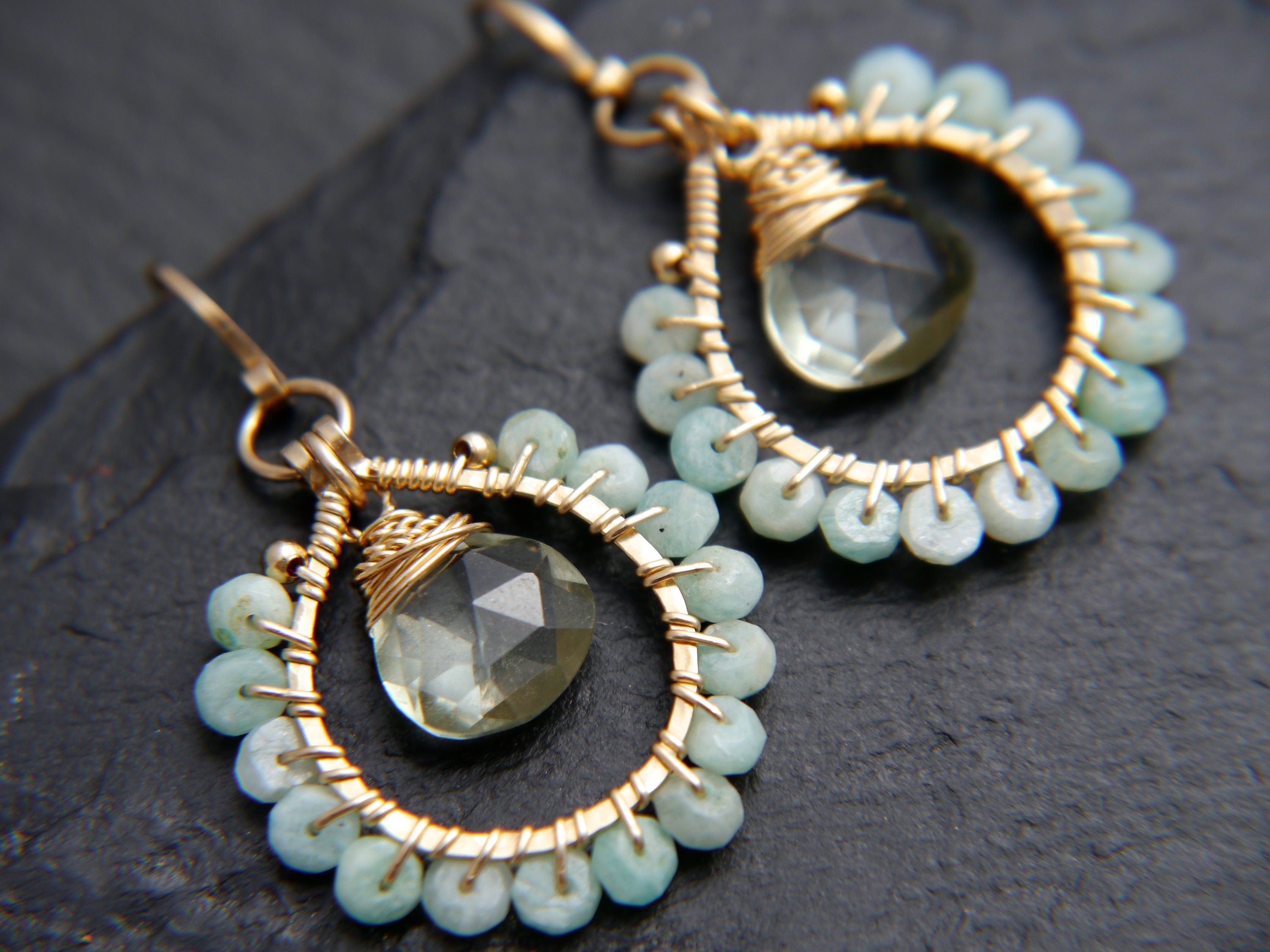Amazonite Green Amethyst Hoop Earrings, 14K Gold Filled Gemstone Hoops, February Birthstone
