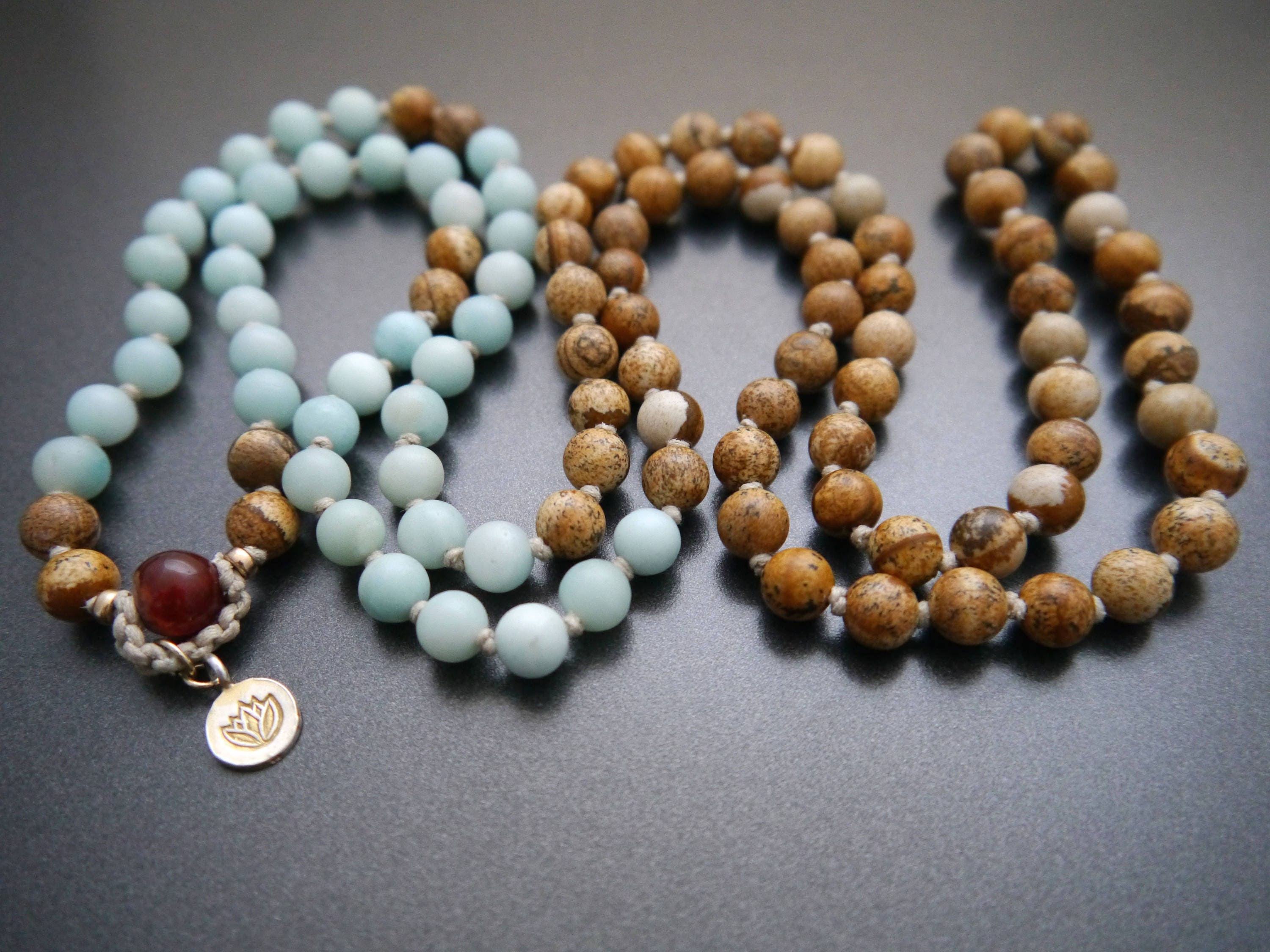 Earth Tone Picture Jasper Blue Amazonite Mala Beads, 108 Gemstone Beads, Wrap, Hand Knotted