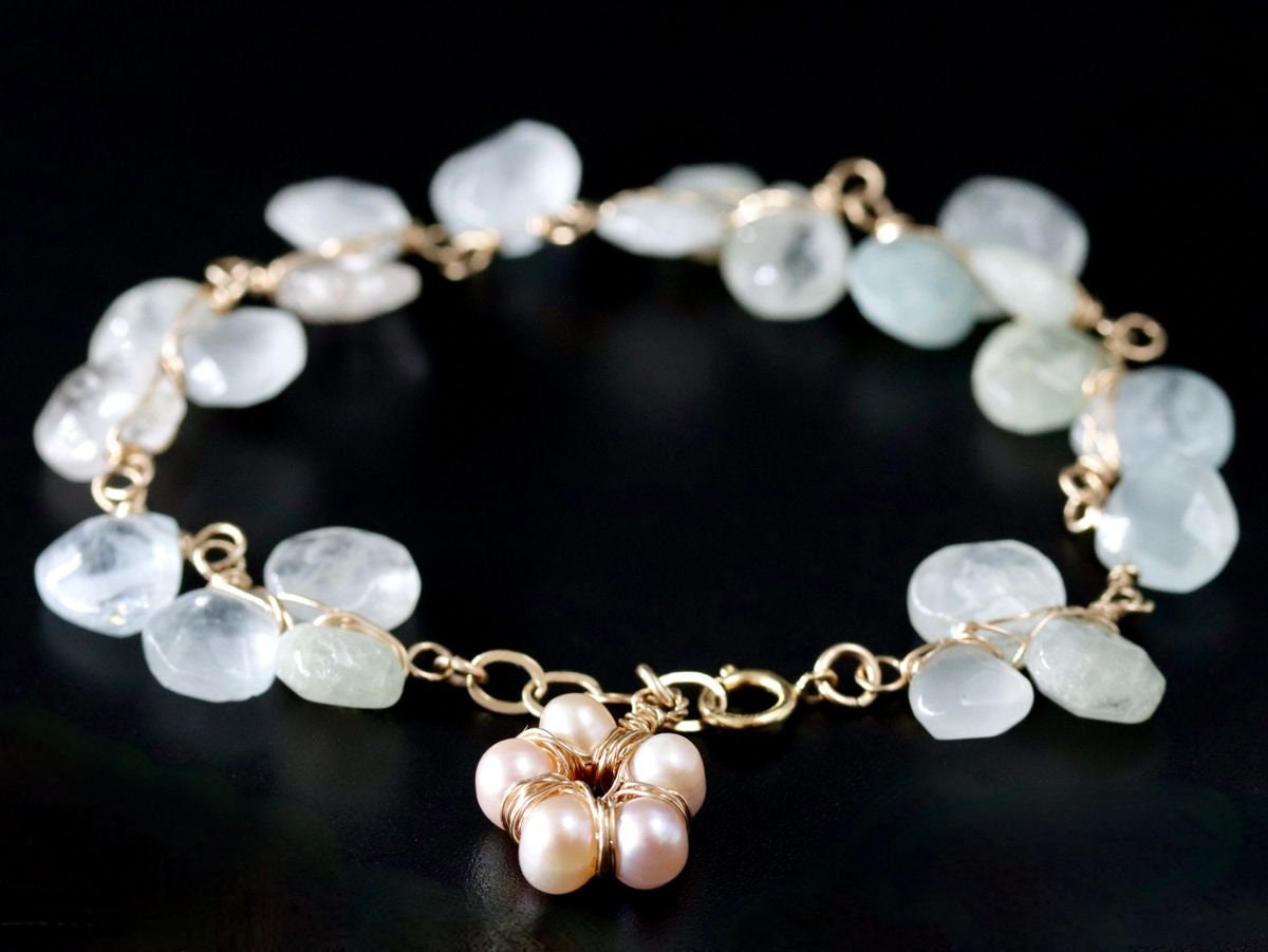 14K Gold Filled Aquamarine Pearl Gemstone Bracelet, March Birthstone Bridal Jewelry