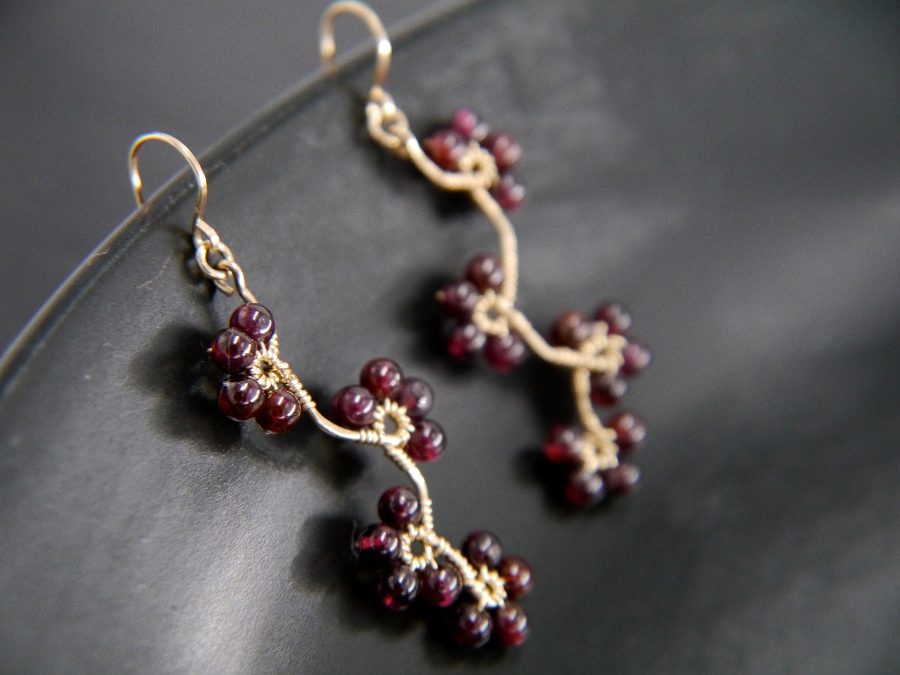 Garnet Floral Dangle Gemstone Earrings, 14K Gold Filled Artisan Heirloom