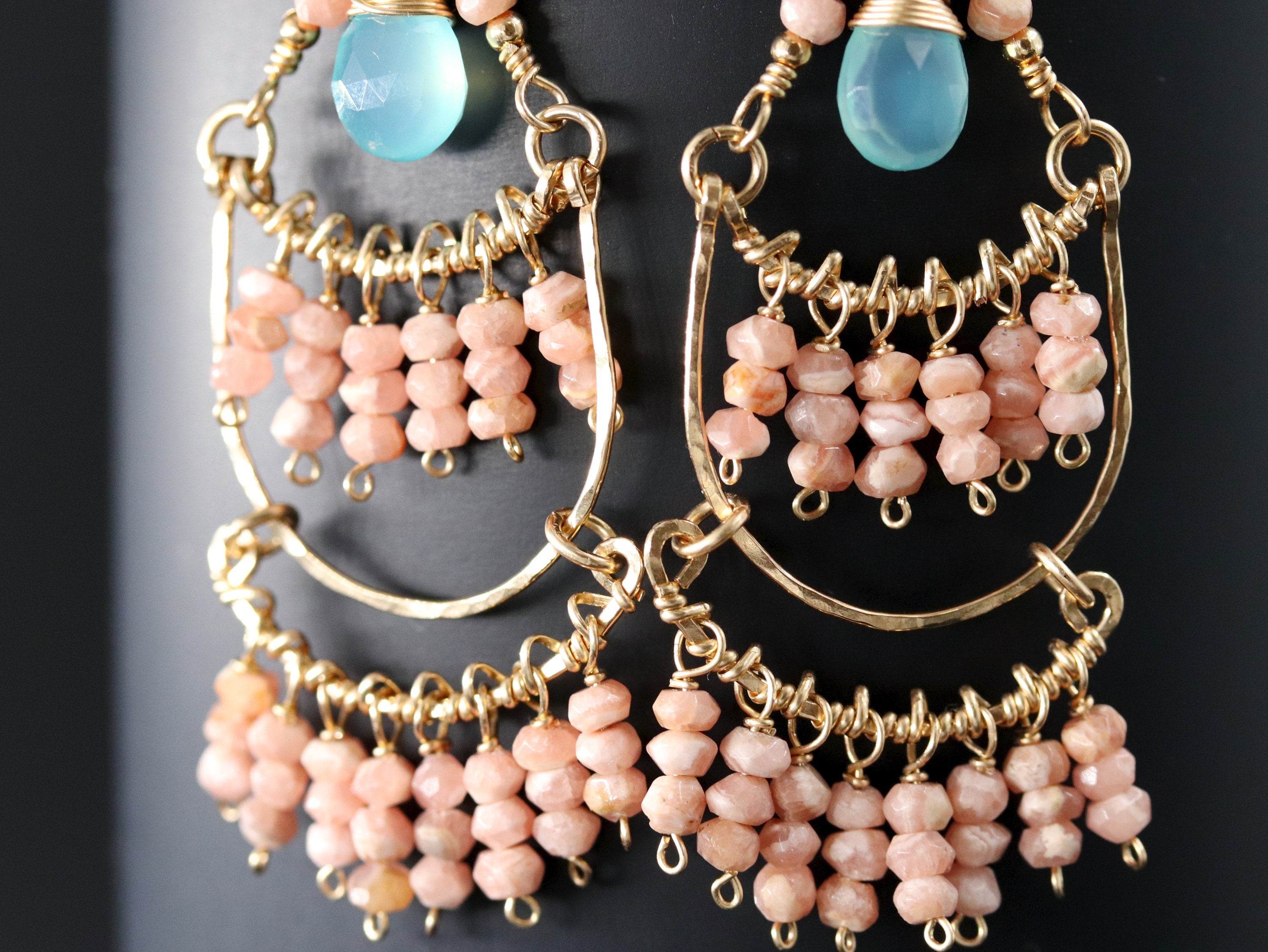 Pink Rhodonite Aqua Chalcedony Fringe Chandelier Gemstone Earrings, 14K Gold Filled