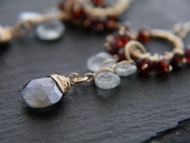 Garnet Labradorite Aquamarine Floral Chandelier Gemstone Earrings, 14K Gold Filled