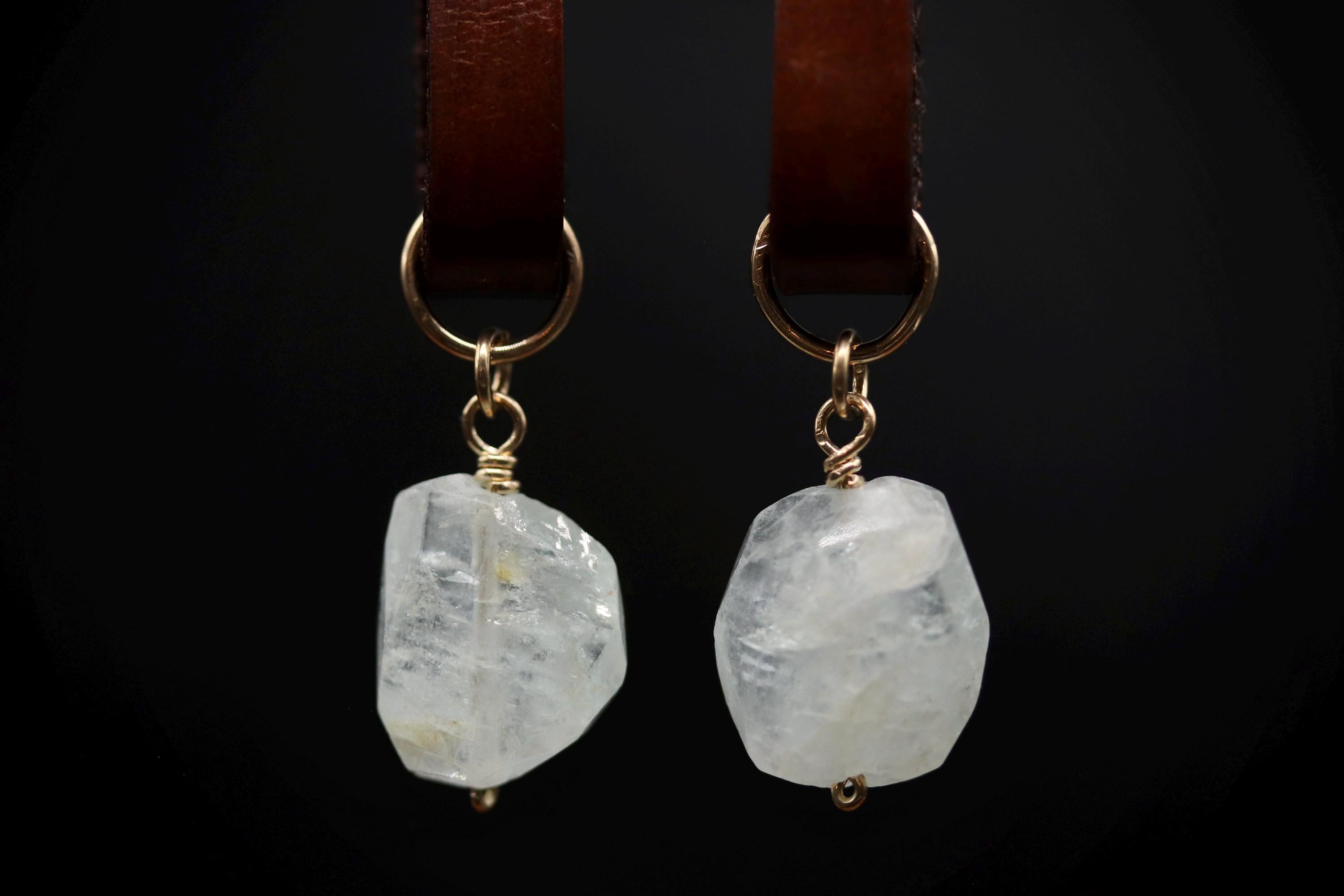 Boho Leather and Raw Cut Aquamarine Dangle Gemstone Earrings, 14K Gold Filled