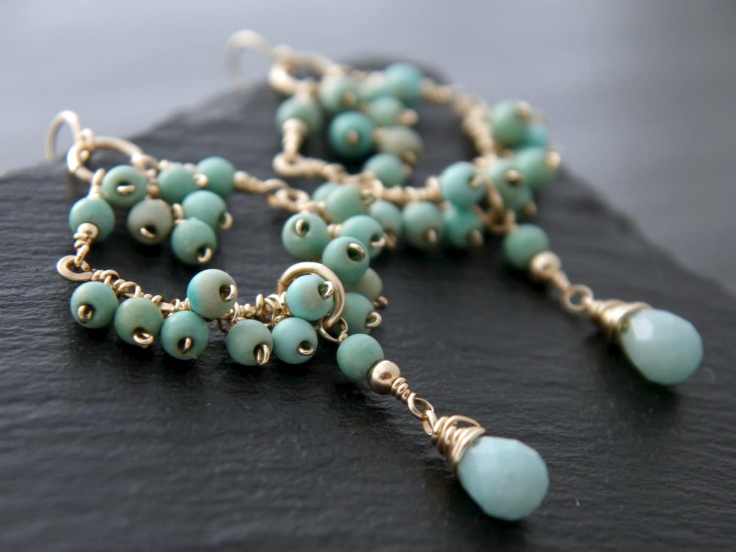 Amazonite Turquoise Chandelier Earrings, 14K Gold Filled Boho Statement Dangle, Coastal Jewelry