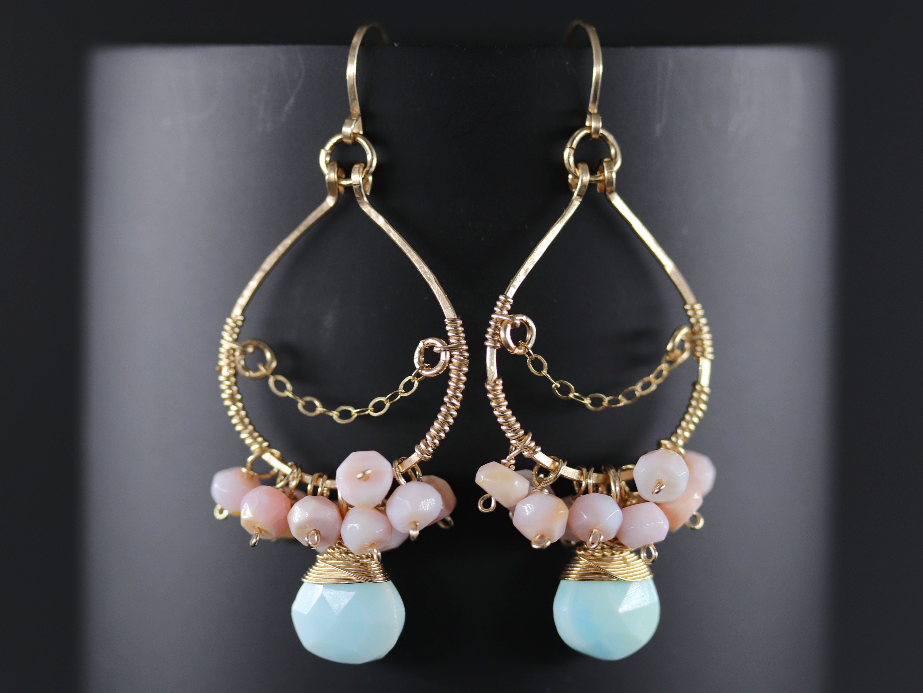 Pink Opal Amazonite Floral Chandelier, Gemstone Earrings, 14K Gold Filled Bohemian Bridal Jewelry