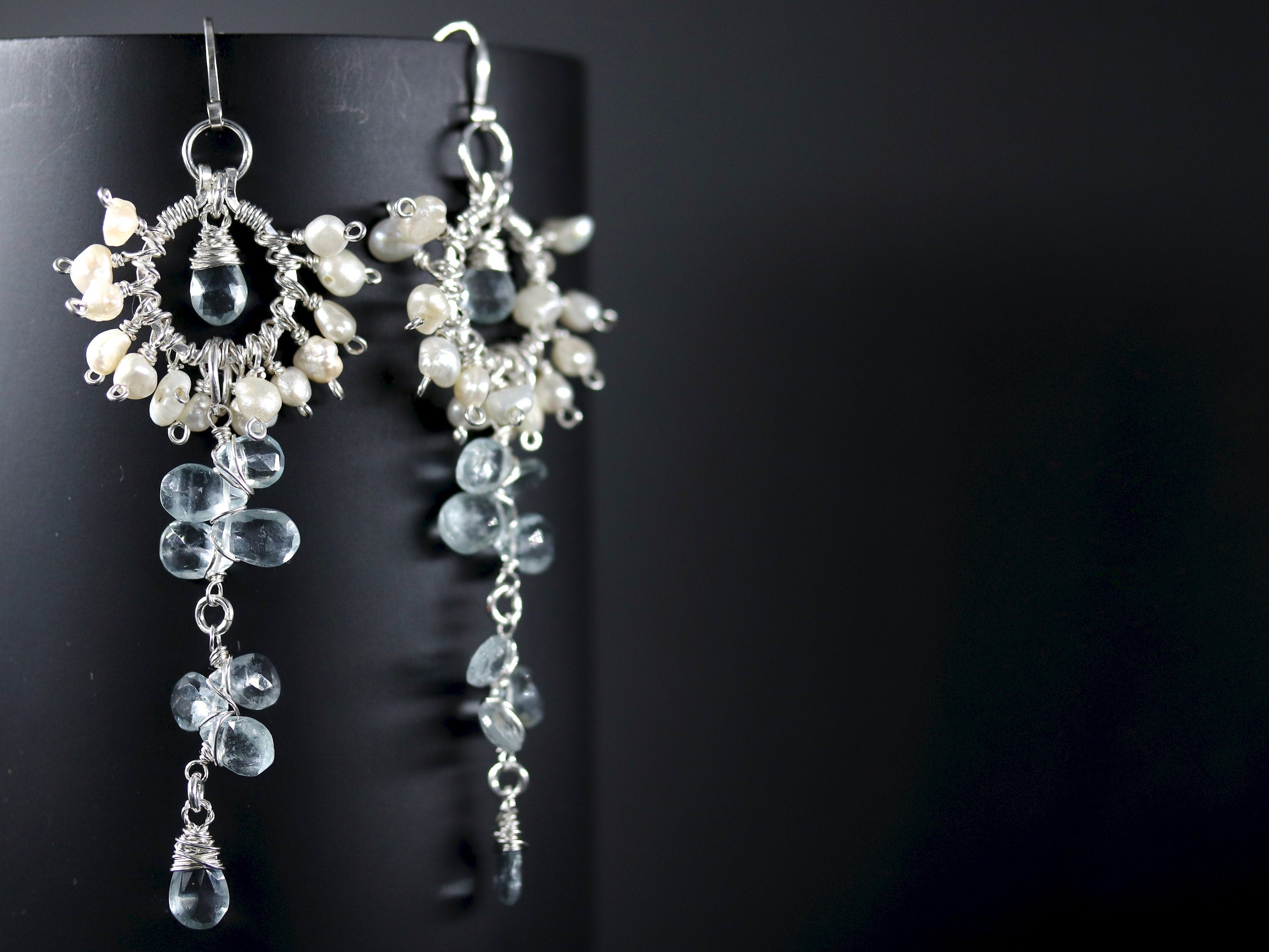 Aquamarine Pearl Long Dangle Chandelier Gemstone Earrings, Sterling Silverr Bridal Jewelry