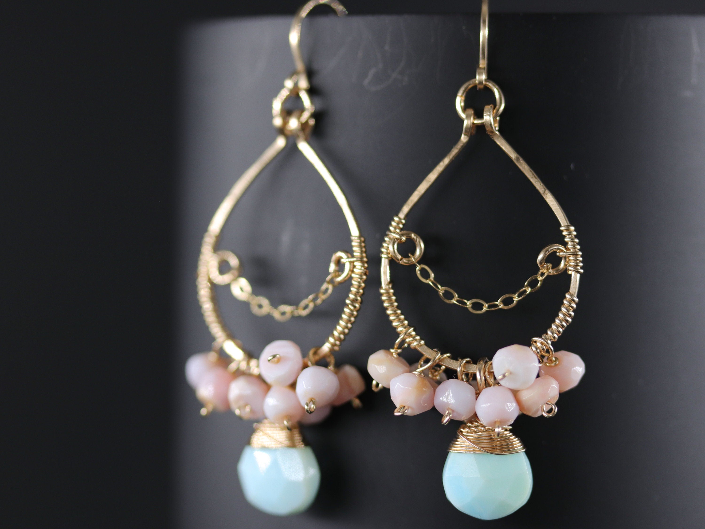 Pink Opal Amazonite Floral Chandelier, Gemstone Earrings, 14K Gold Filled Bohemian Bridal Jewelry