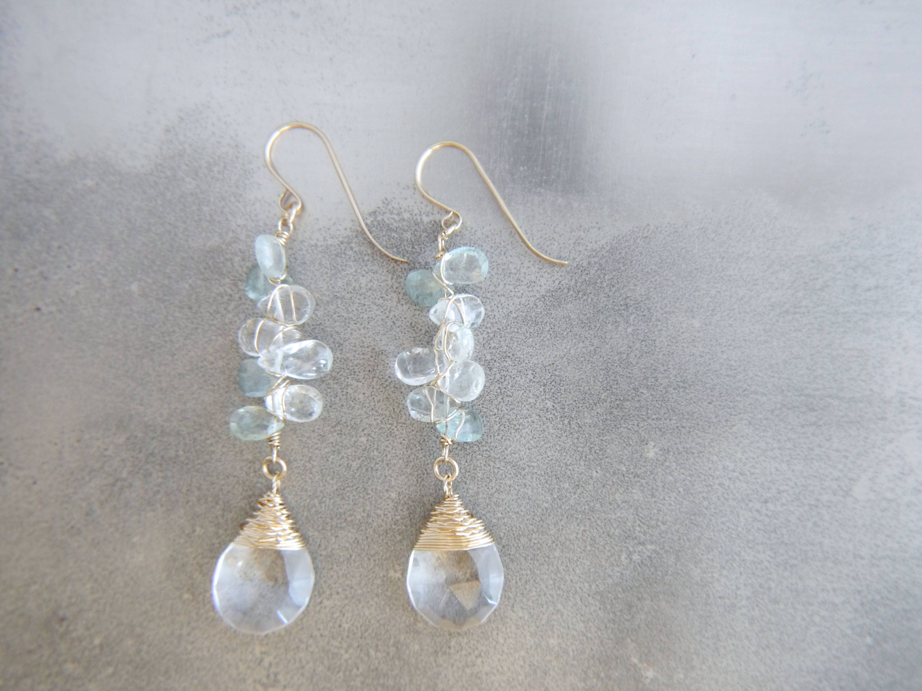 Aquamarine Teardrop Long Dangle Floral Gemstone Earrings, 14K Gold Filled  Botanical