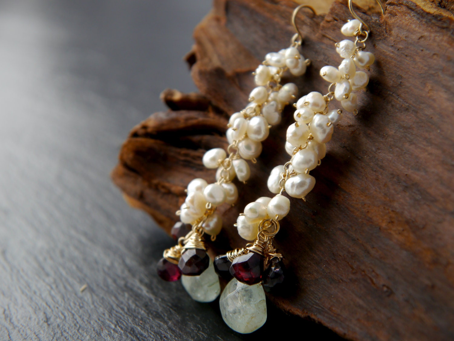 Aquamarine Garnet Pearl Cluster Long Dangle  Gemstone Earrings, 14K Gold Filled Bridal