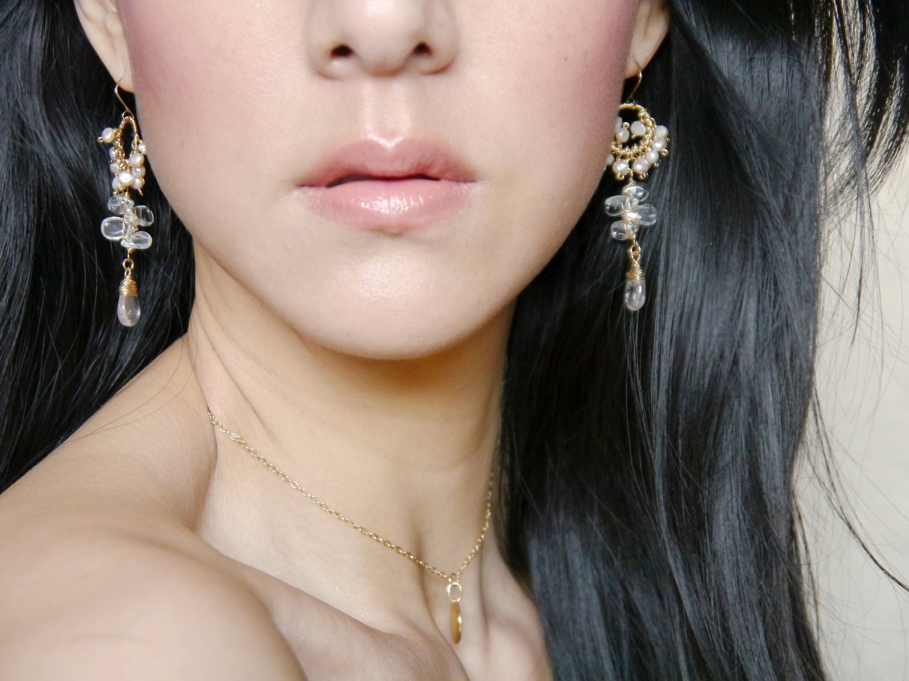 Aquamarine Pink Pearl Cluster Chandelier Earrings, 14K Gold Filled Long Dangle, Bridal Jewelry