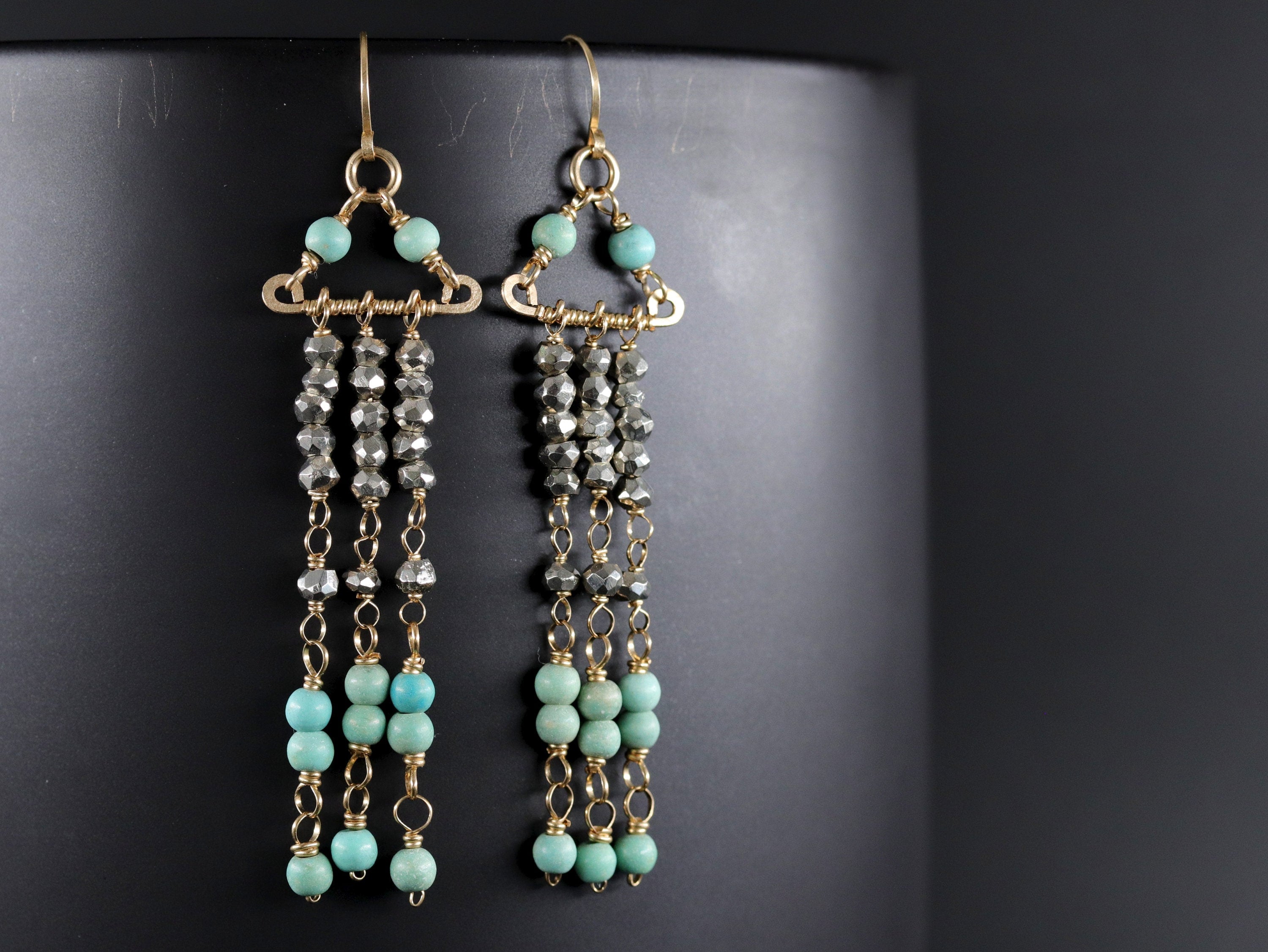 Turquoise Magnesite Pyrite Chandelier Gemstone Earrings, 14K Gold Filled