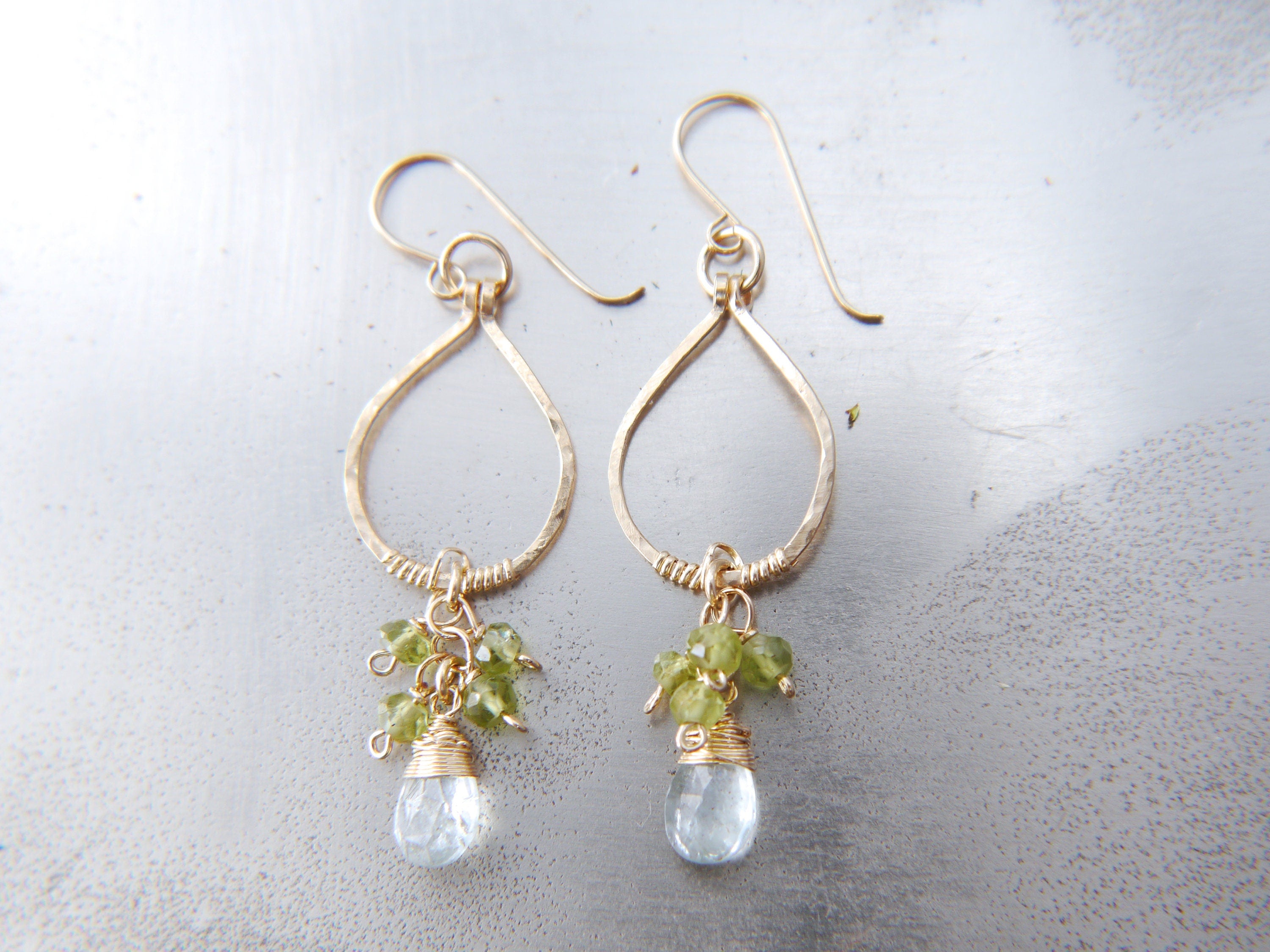 Aquamarine Peridot Chandelier Floral Gemstone Earrings, 14K Gold Filled Bohemian