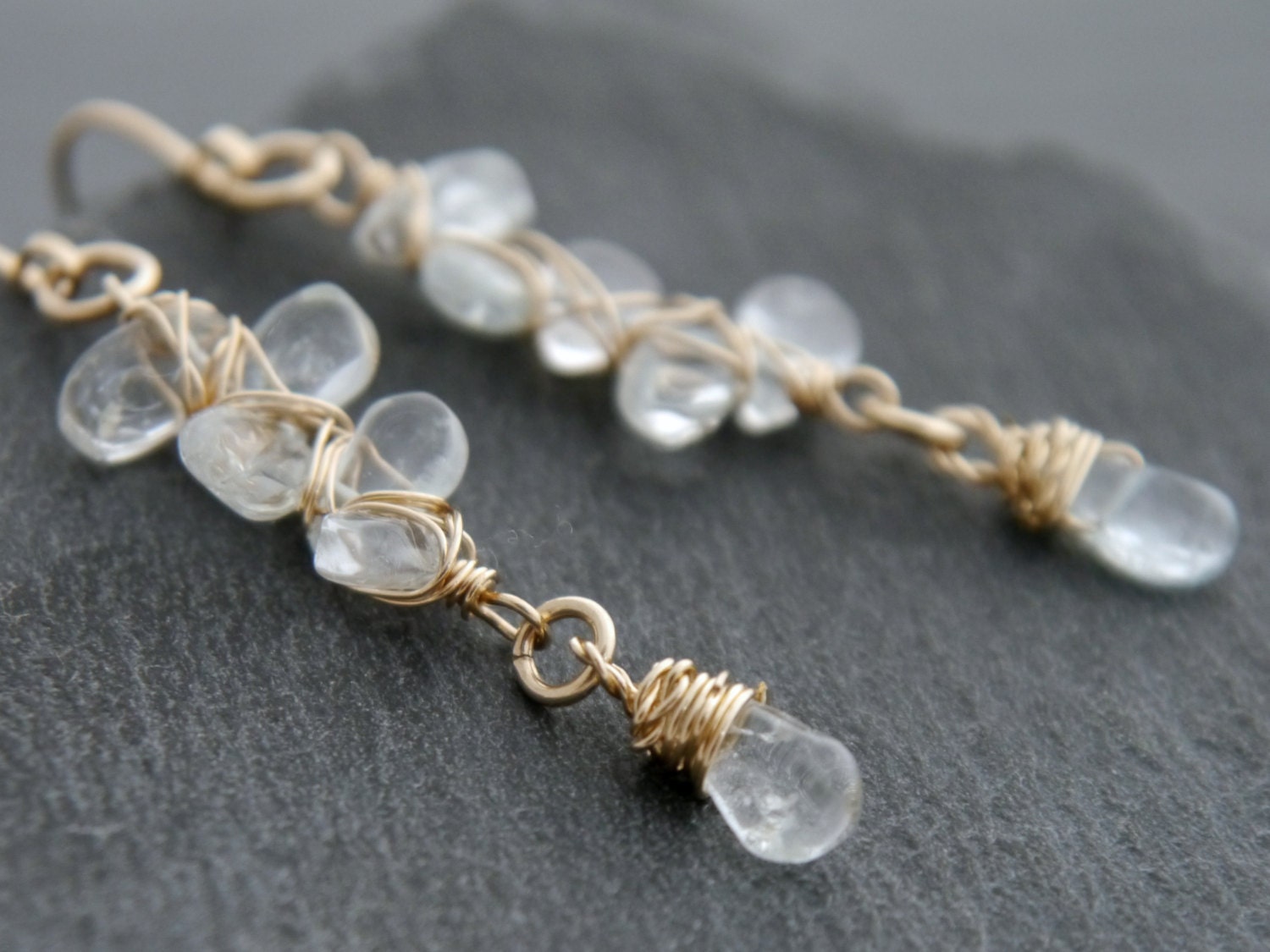 Aquamarine Teardrop Long Dangle Floral Gemstone Earrings, 14K Gold Filled Bridal