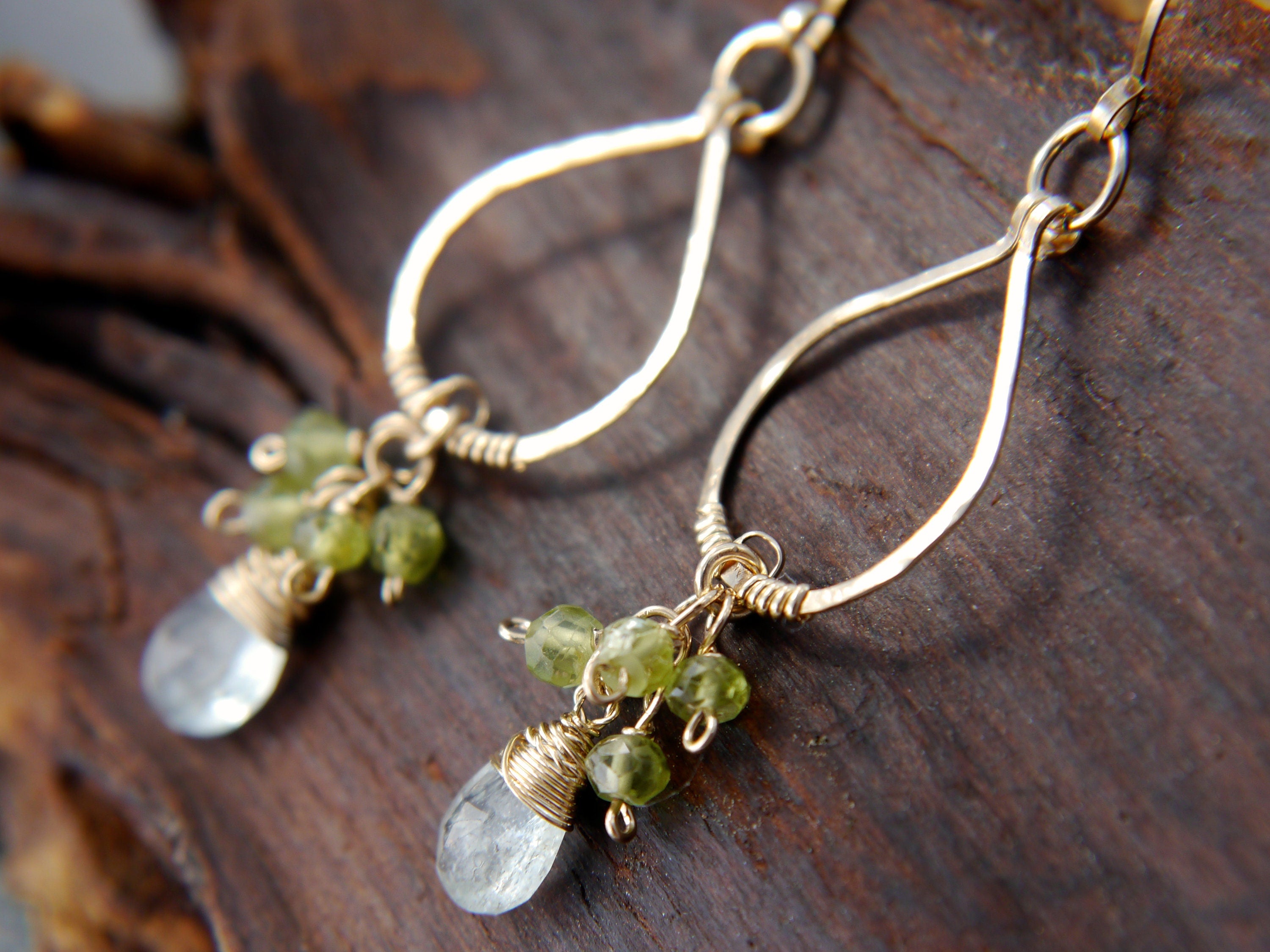 Aquamarine Peridot Chandelier Floral Gemstone Earrings, 14K Gold Filled Bohemian