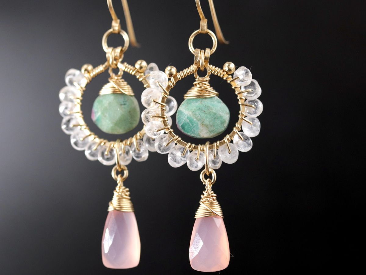 Pink Chalcedony Trillion Ruby in Fuchsite Floral Gemstone Earrings, 14K Gold Filled Unique Boho