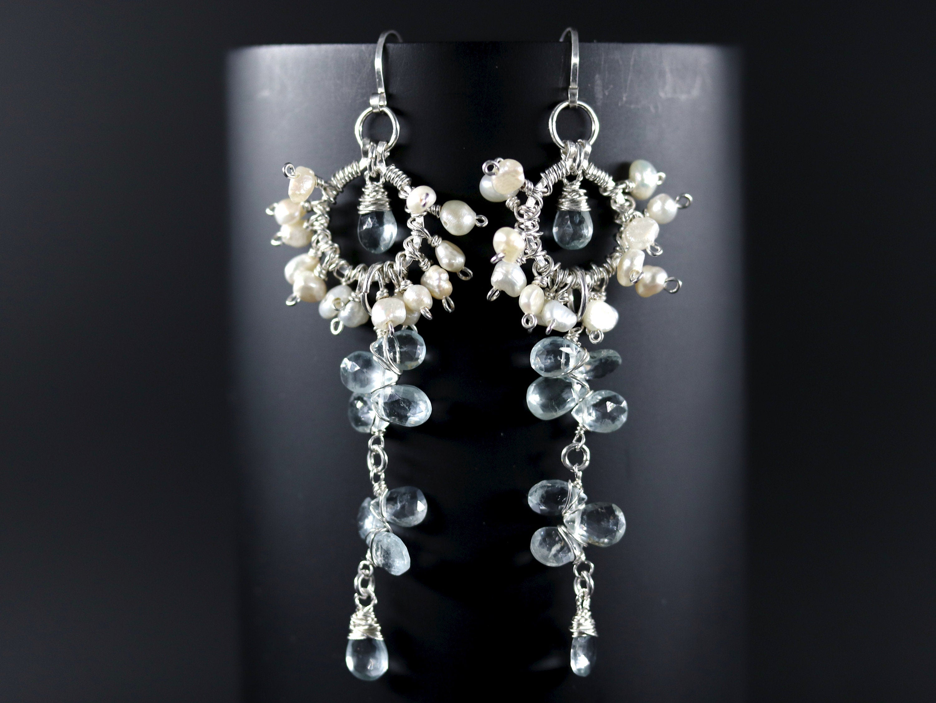 Aquamarine Pearl Long Dangle Chandelier Gemstone Earrings, Sterling Silverr Bridal Jewelry