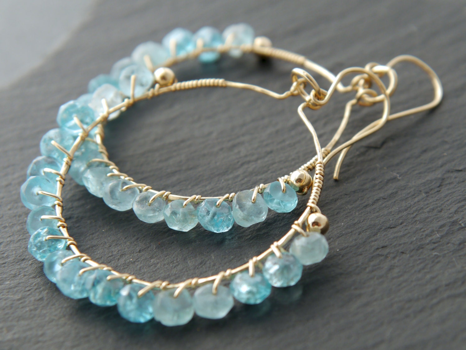 Wire Wrapped Apatite Hoop Gemstone Earrings, 14K Gold Filled Bohemian Chic