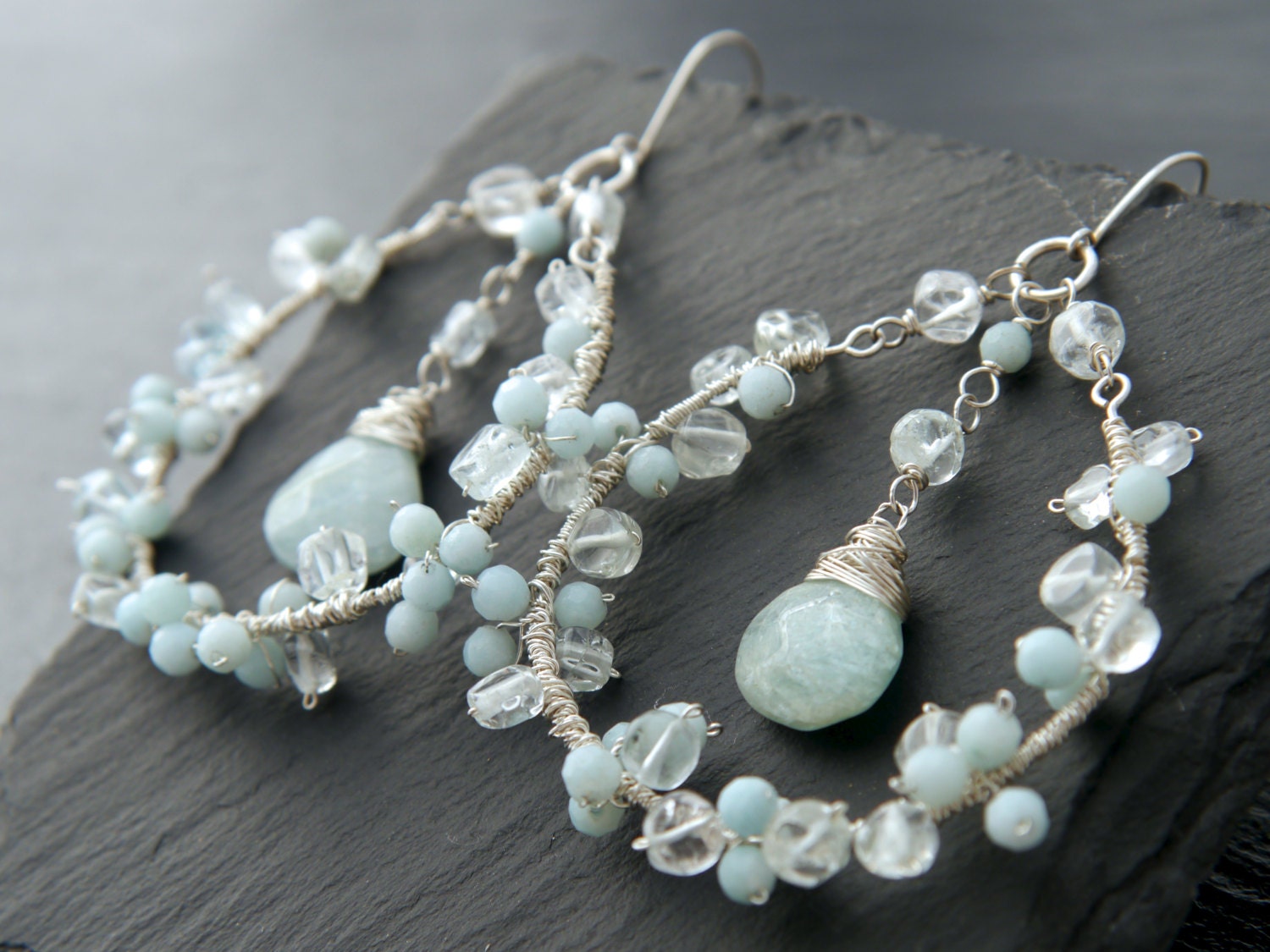 Aquamarine Amazonite Floral Chandelier Hoop Gemstone Earrings, Sterling Silver