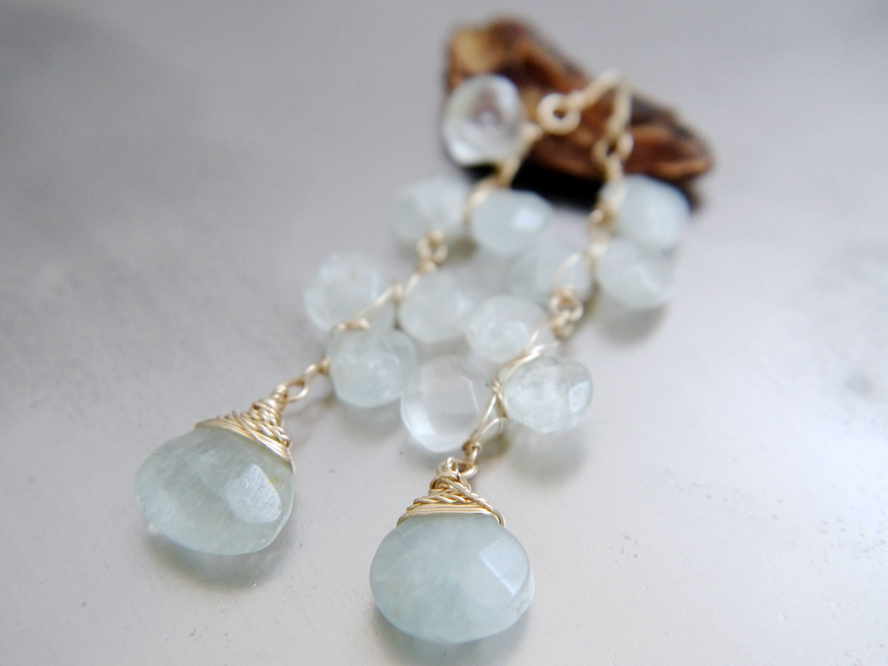 Aquamarine Long Dangle  Floral Gemstone Earrings, 14K Gold Filled Garden Wedding
