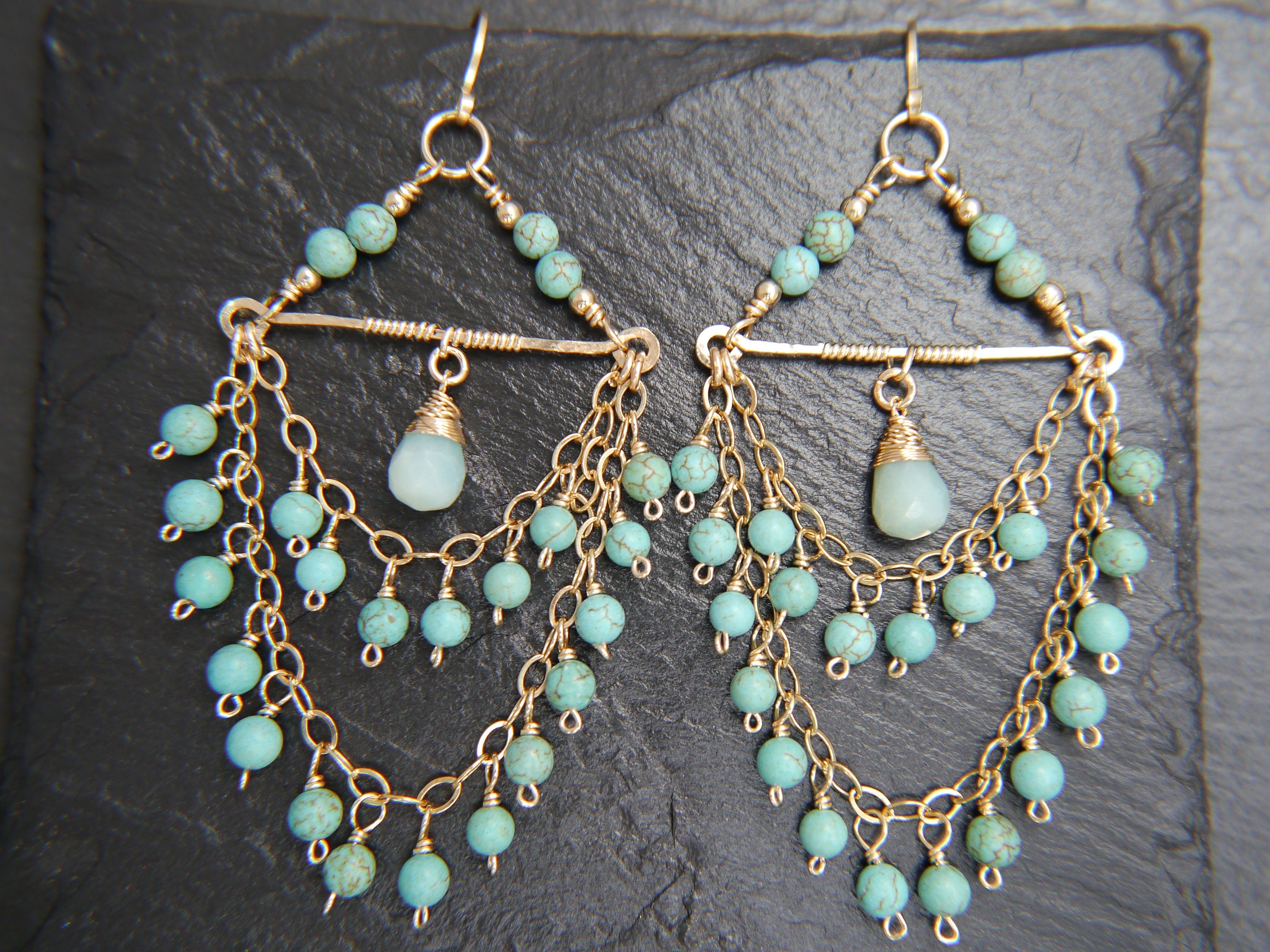 Turquoise Magnesite Chandelier Fringe Gemstone Earrings, 14K Gold Filled Coastal Wedding