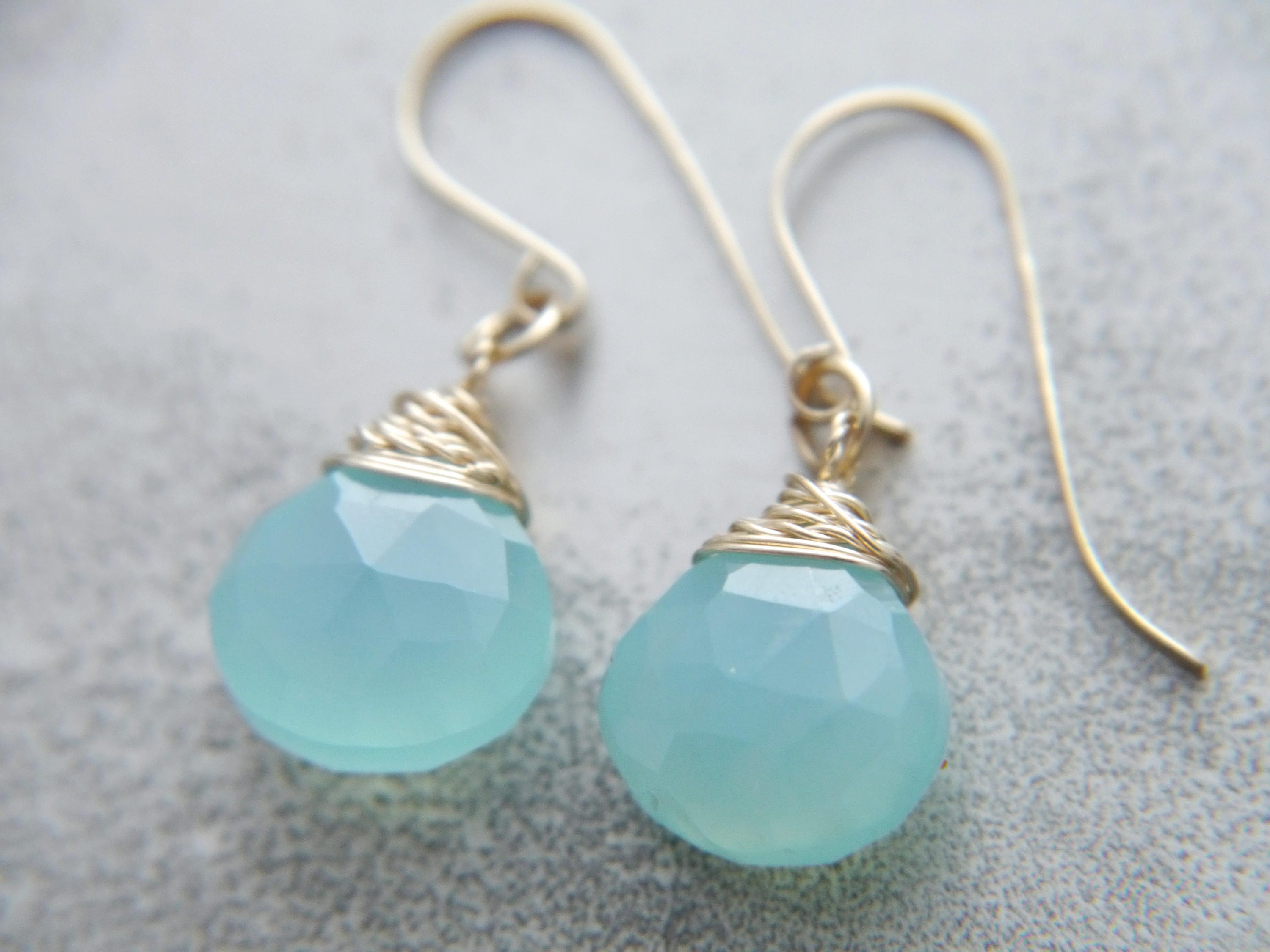 Aqua Chalcedony Heart Briolette Teardrop Gemstone Earrings, 14K Gold Filled Romantic Gift