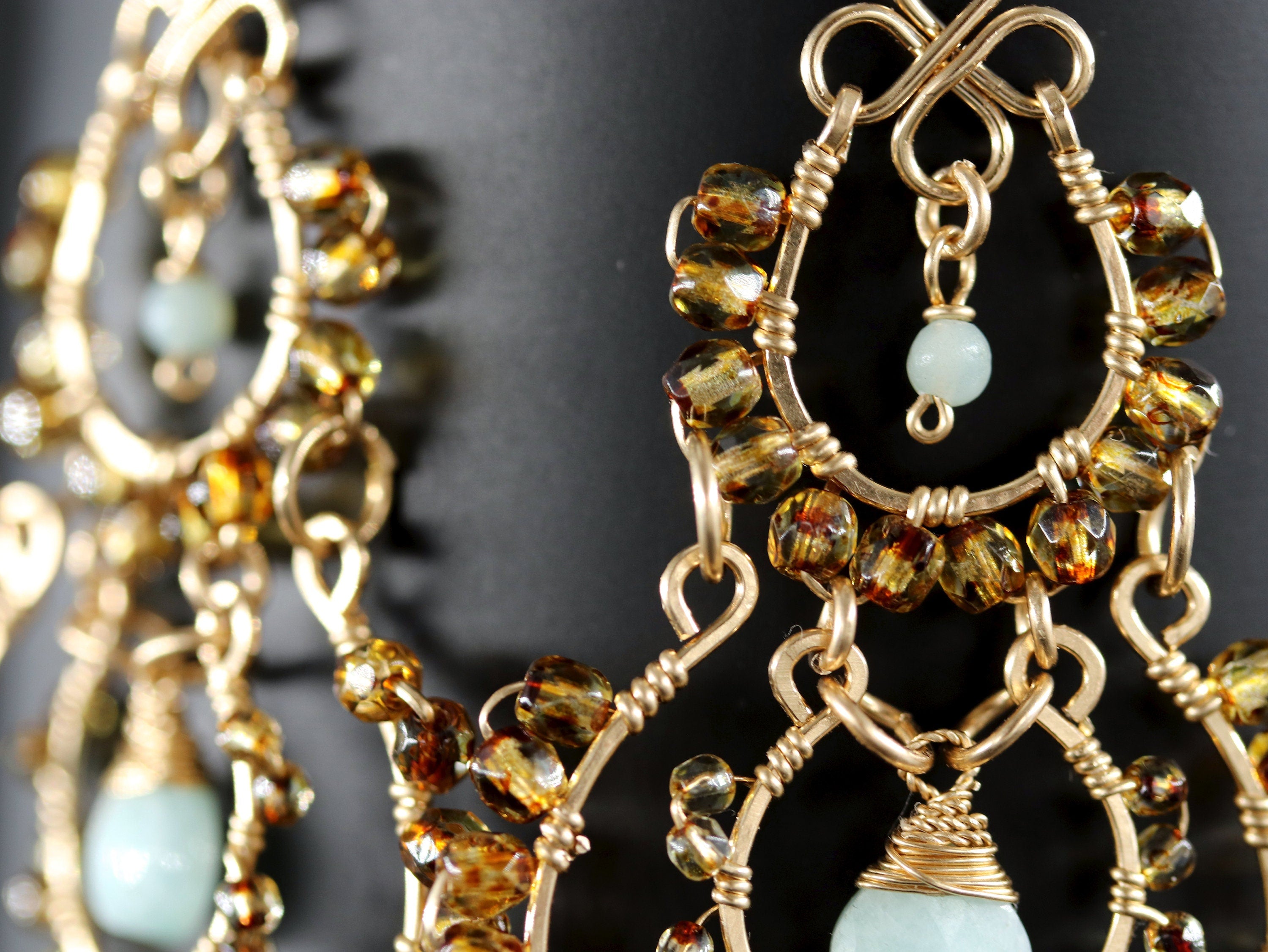 Amazonite Tortoiseshell Chandelier Earrings, 14K Gold Filled Boho Dangle, Earth Tone Jewelry