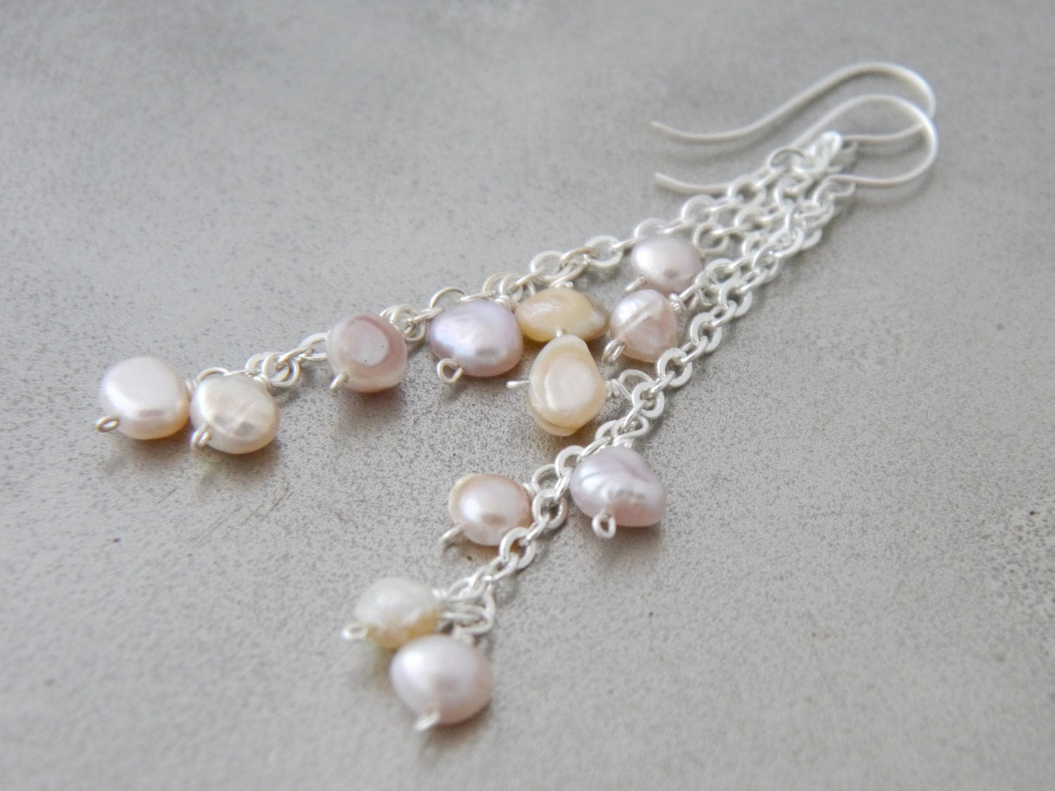 Freshwater Pink Pearl Blossoming Floral Long Dangle Gemstone Earrings, Sterling Silver, Bridal