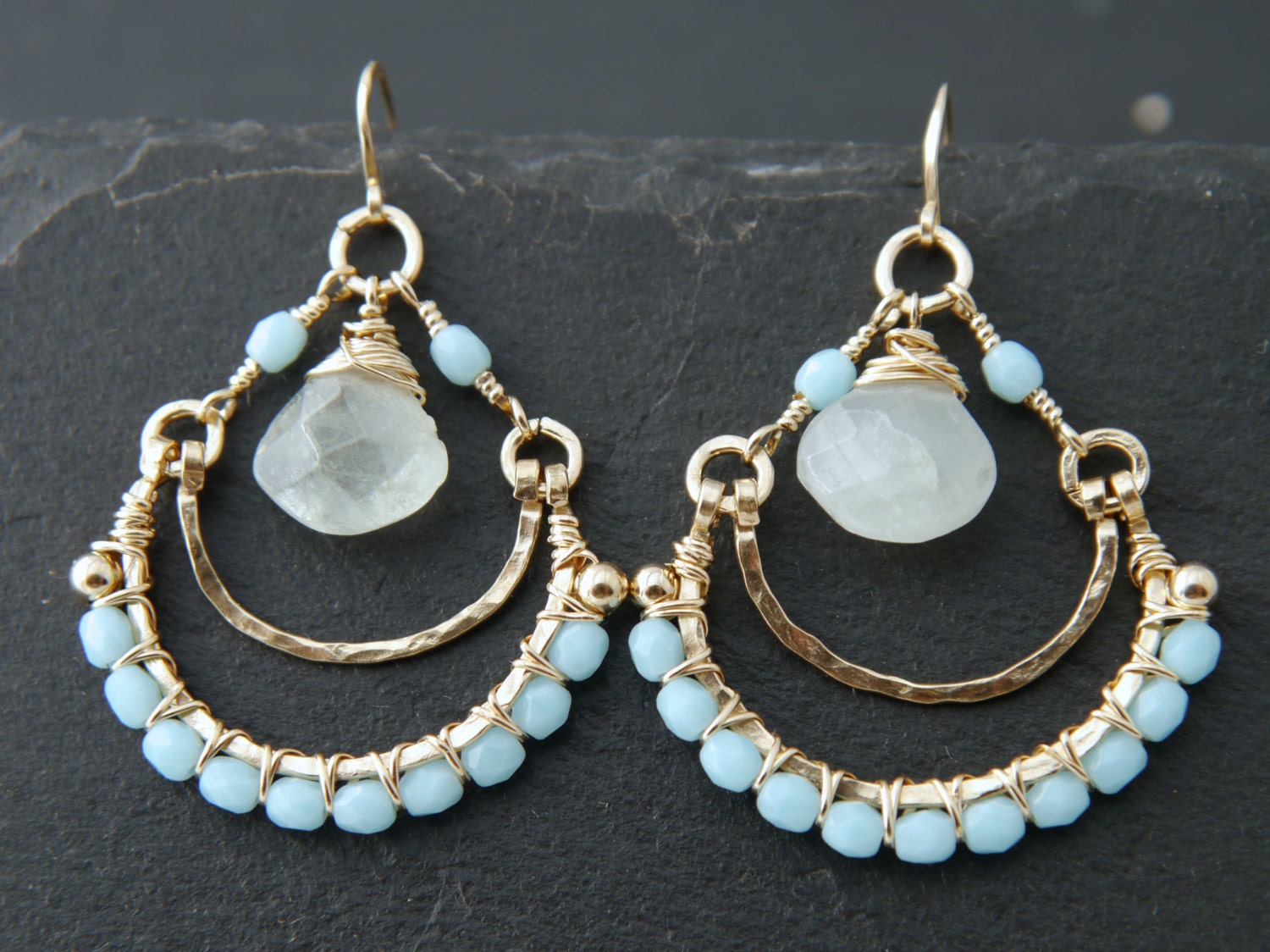 Aquamarine Hoop Gemstone Earrings, 14K Gold Filled Bohemian Style