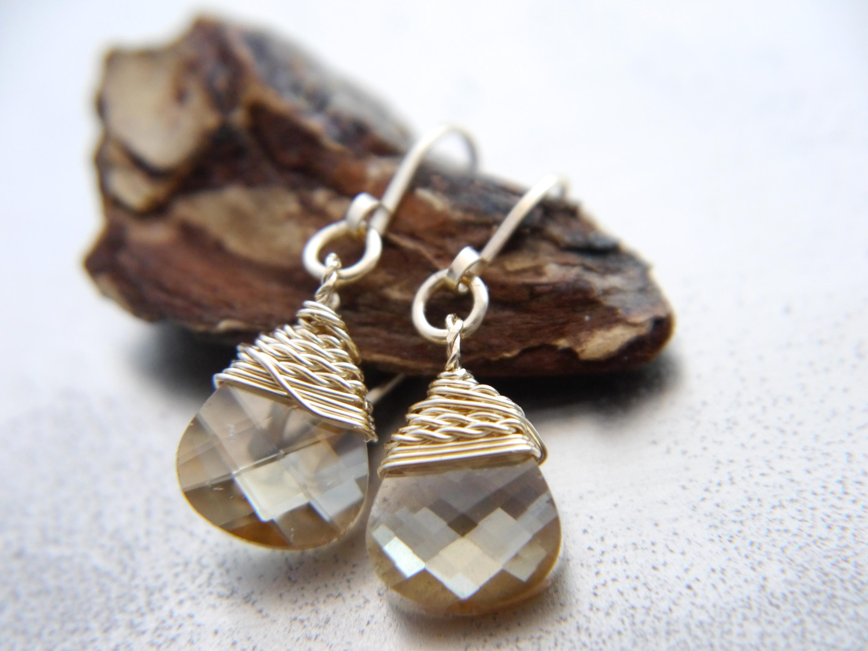 Champagne Swarovski Crystal Briolette Gemstone Earrings, 14K Gold Filled Minimalist
