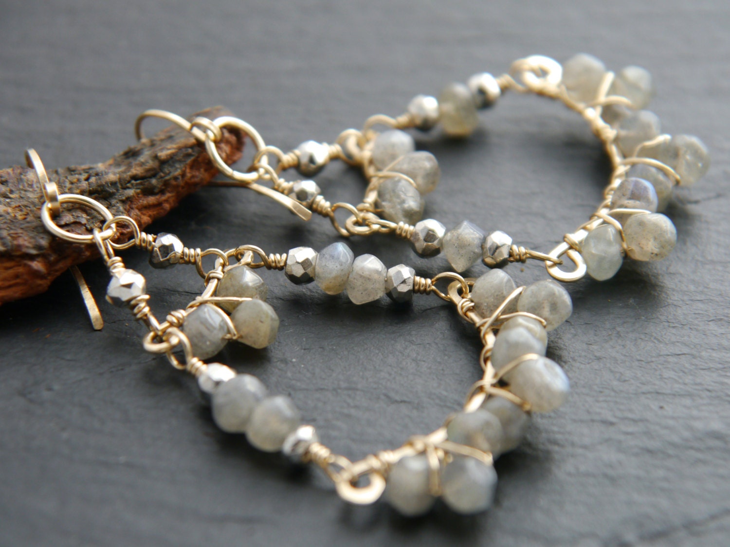 Labradorite Pyrite Chandelier Gemstone Earrings, 14K Gold Filled Bohemian Bridal Jewelry