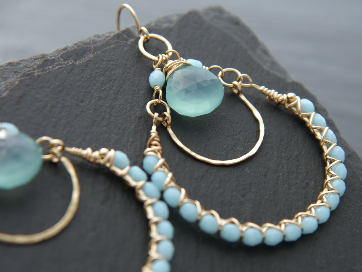 Aqua Chalcedony Briolette Chandelier Earrings, 14K Gold Filled Boho Dangle, Statement Jewelry