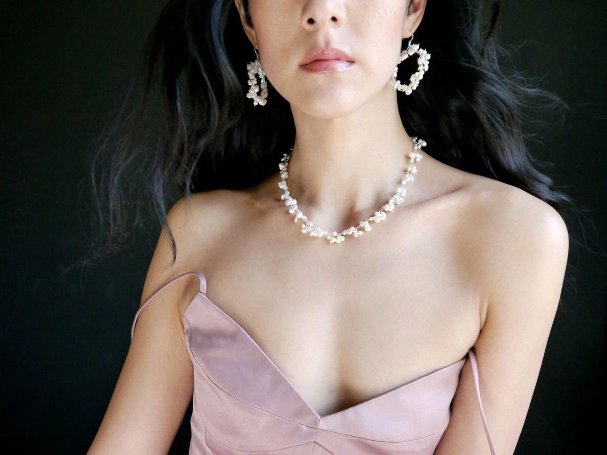White Freshwater Pearl Flower Necklace, Sterling Silver, Floral Bride Organic Wedding