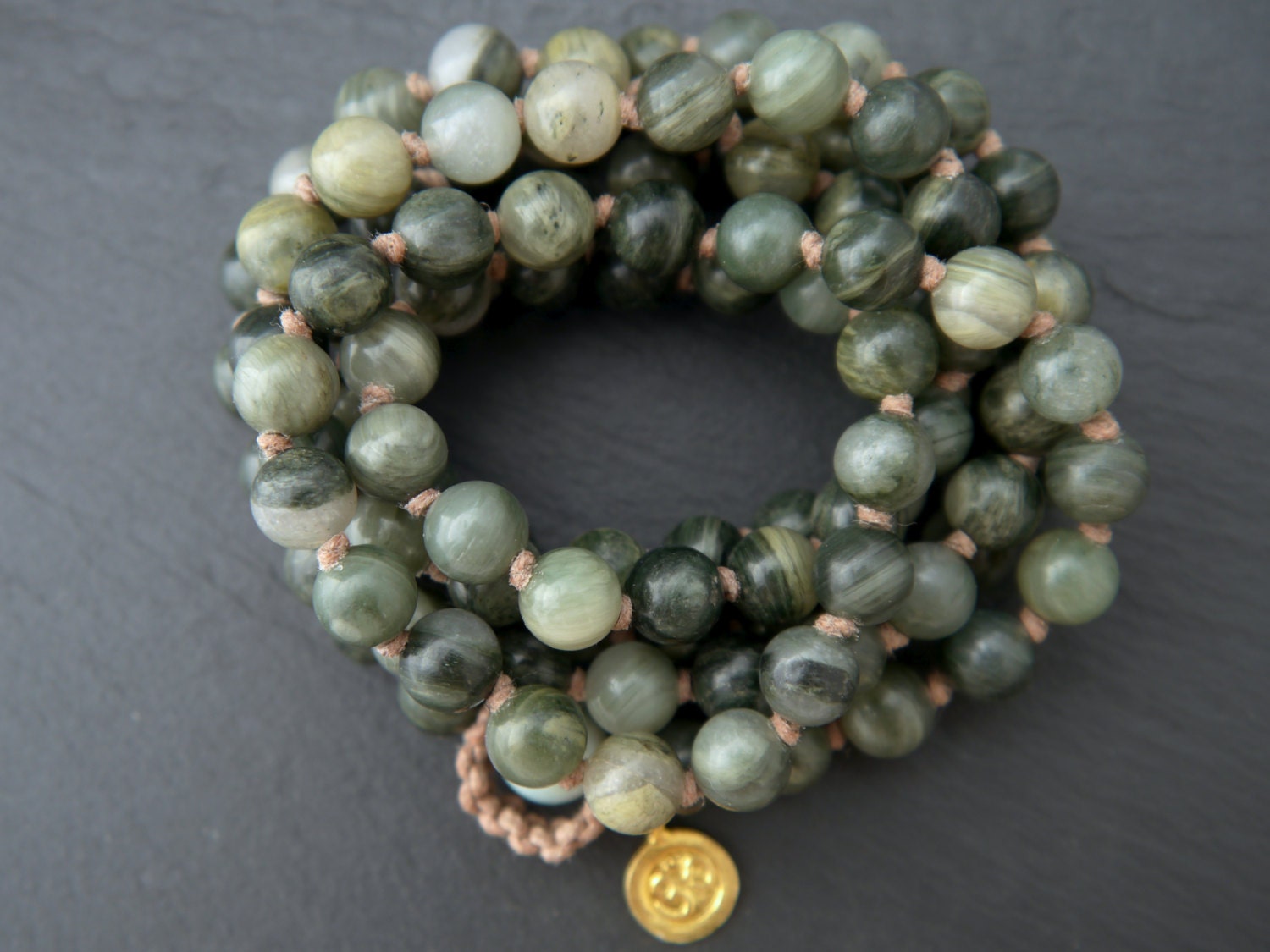 Green Line Jasper 108 Mala Bead , Wrap, Hand Knotted Tibetan Prayer Beads