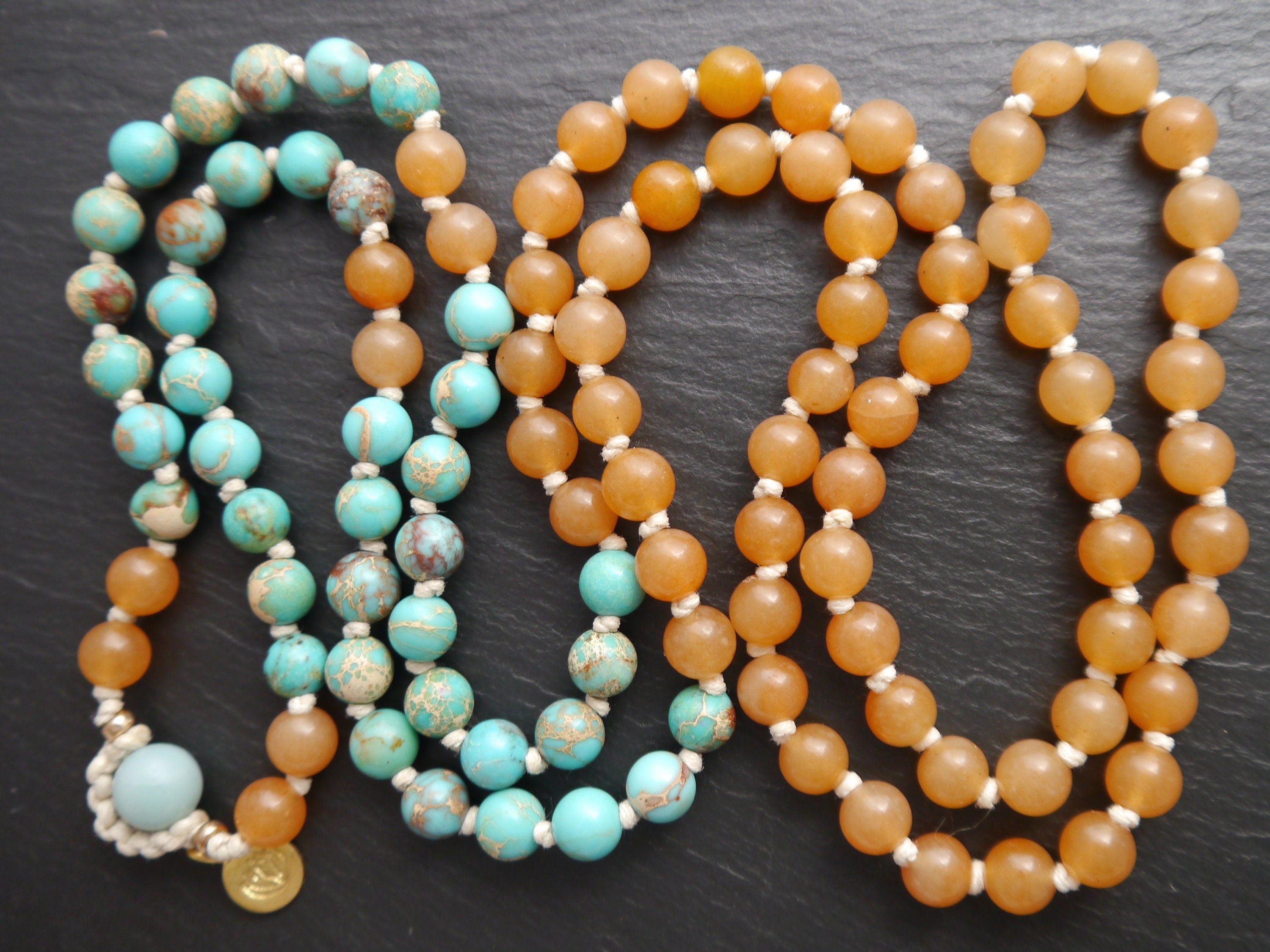 Red Aventurine Amazonite Mala Beads, 108 Gemstone Beads, Wrap, Hand Knotted