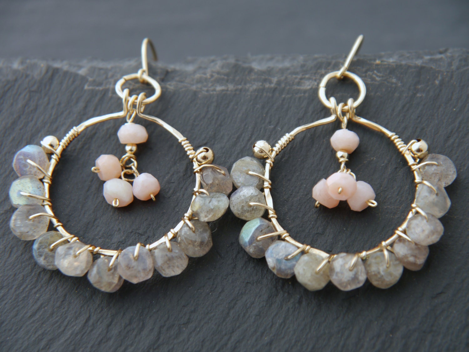 Labradorite Opal Floral Hoop Gemstone Earrings, 14K Gold Filled Bohemian Jewelry
