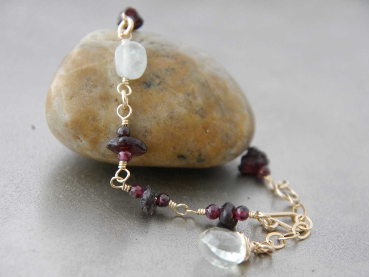 Garnet Aquamarine 14K Gold Filled Rosary Chain Gemstone Bracelet Boho Jewelry