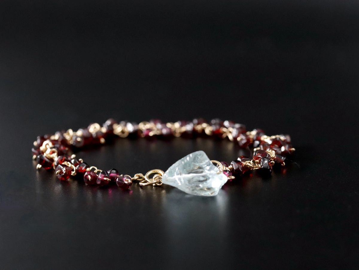 Garnet Aquamarine Gemstone Bracelet, 14K Gold Filled Raw , January Birthstone