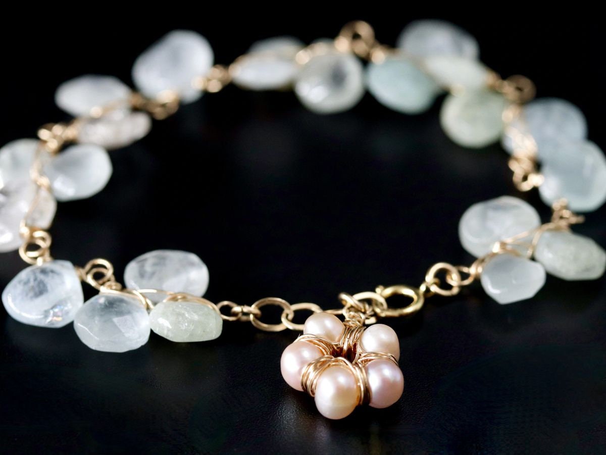 14K Gold Filled Aquamarine Pearl Gemstone Bracelet, March Birthstone Bridal Jewelry