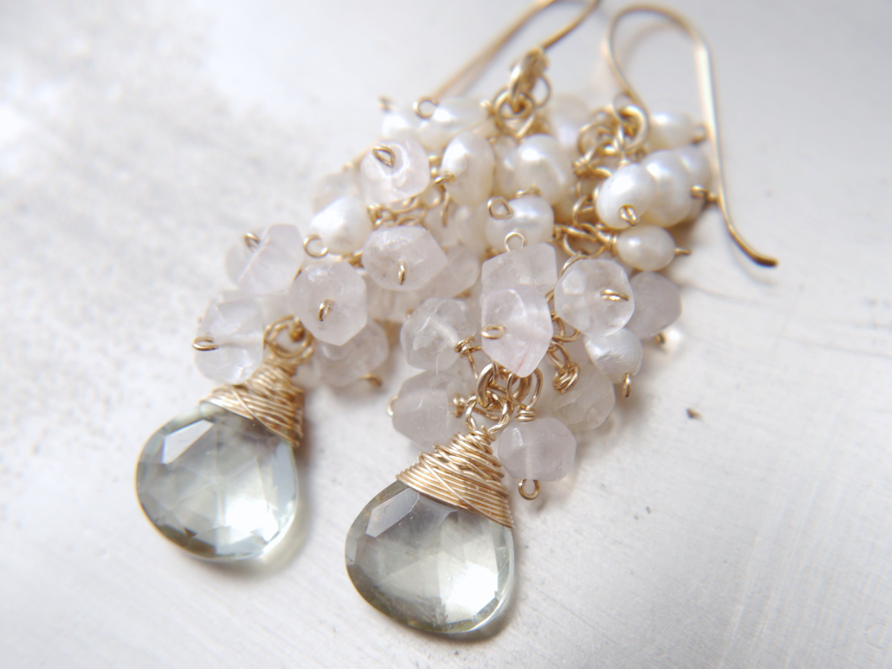 Green Amethyst Rose Quartz Pearl Cluster Gemstone Earrings, 14K Gold Filled Garden Wedding