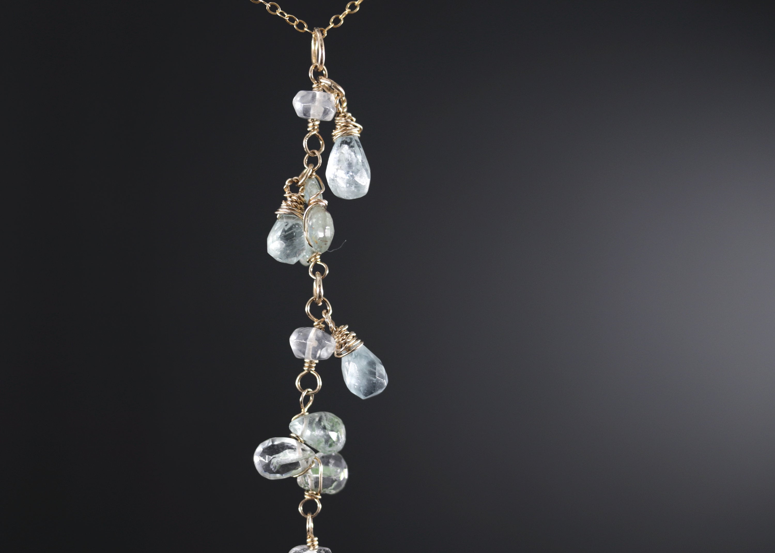 Wire Wrapped Aquamarine Briolette Lariat Y Gemstone Necklace, 14K Gold Filled, Bridal