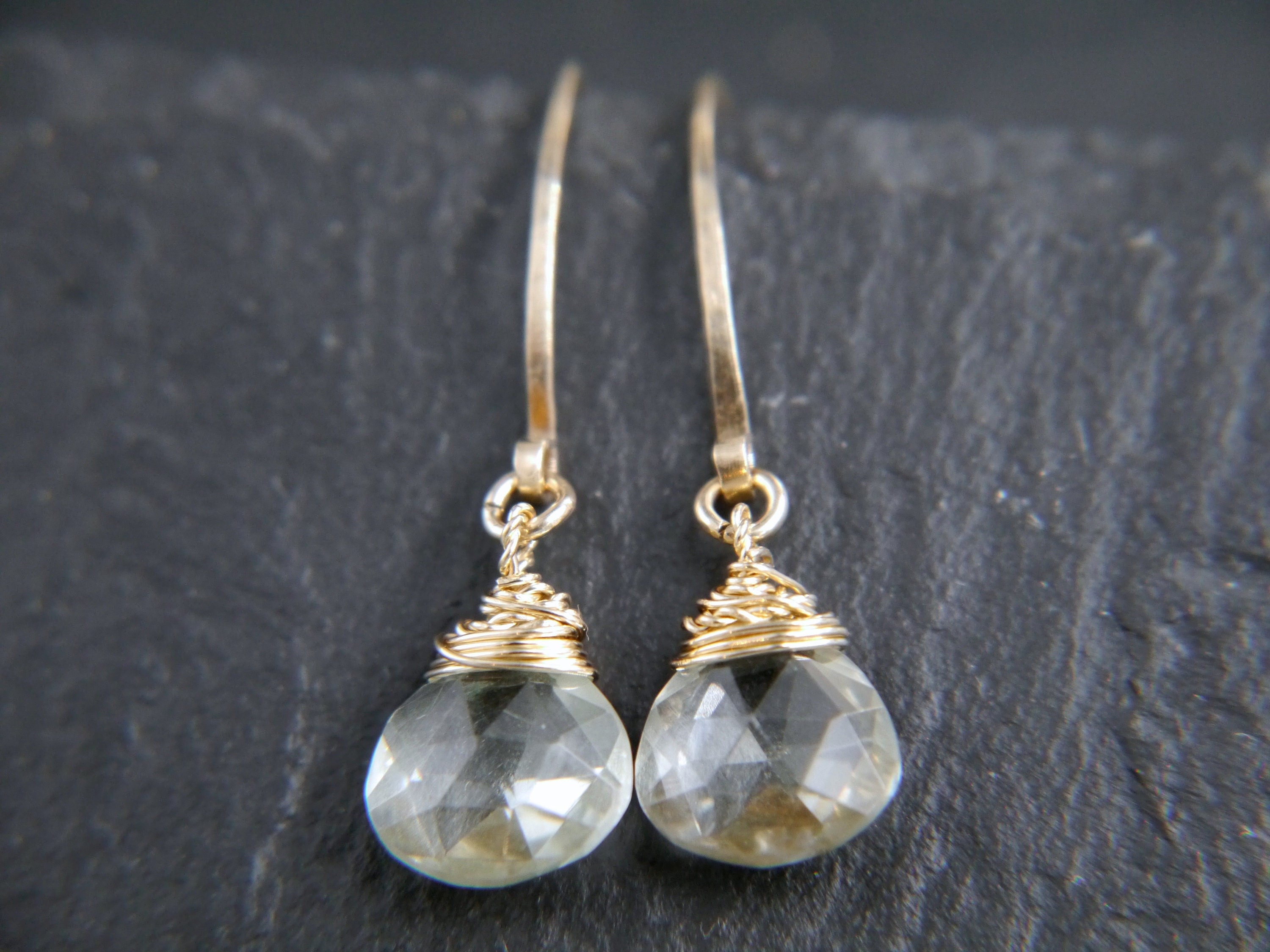 Green Amethyst Long Hoop Gemstone Earrings, 14K Gold Filled Classic Style