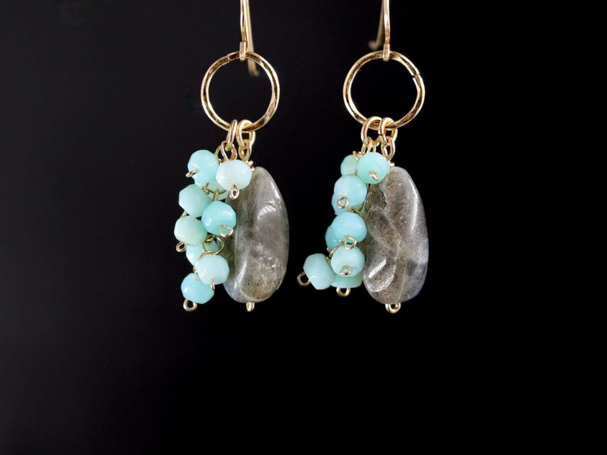 Labradorite Blue Opal Dangle Gemstone Earrings, 14K Gold Filled Celestial Style