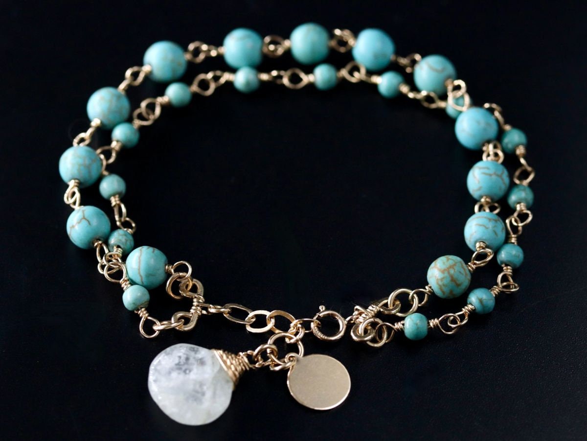 Turquoise Magnesite Aquamarine Layering Gemstone Bracelet – 14K Gold Filled Chain, March Birthstone