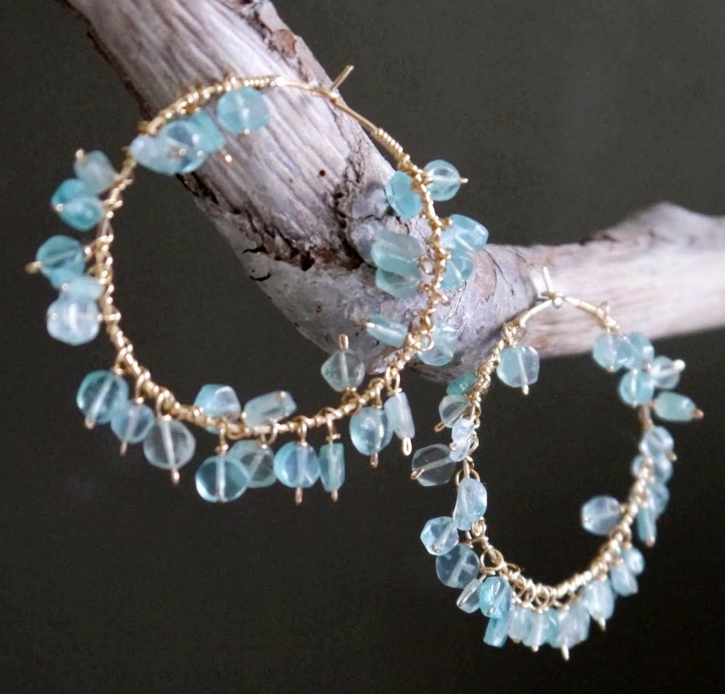 Apatite Fringe Hoop Earrings, 14K Gold Filled Garland Dangle, Boho Statement Jewelry
