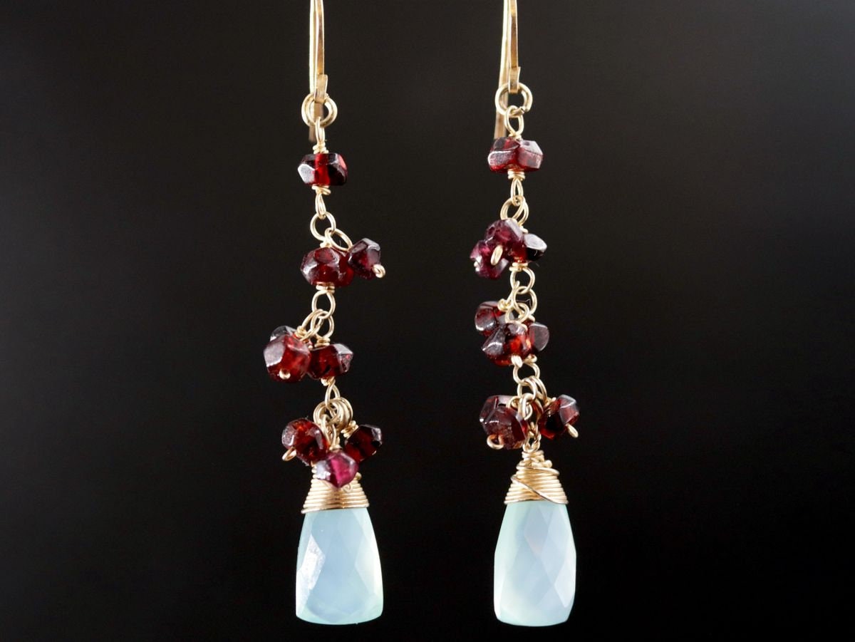 Garnet Aqua Chalcedony Briolette Dangle, Gemstone Earrings, 14K Gold Filled Boho Jewelry