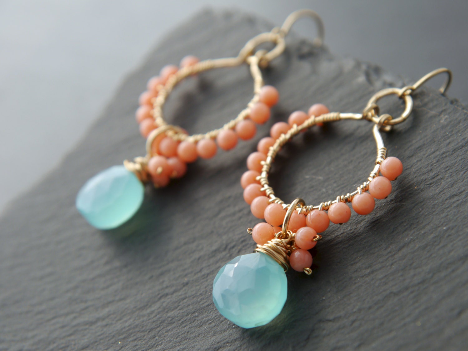 Coral Aqua Chalcedony Hoop Gemstone Earrings, 14K Gold Filled Botanicals