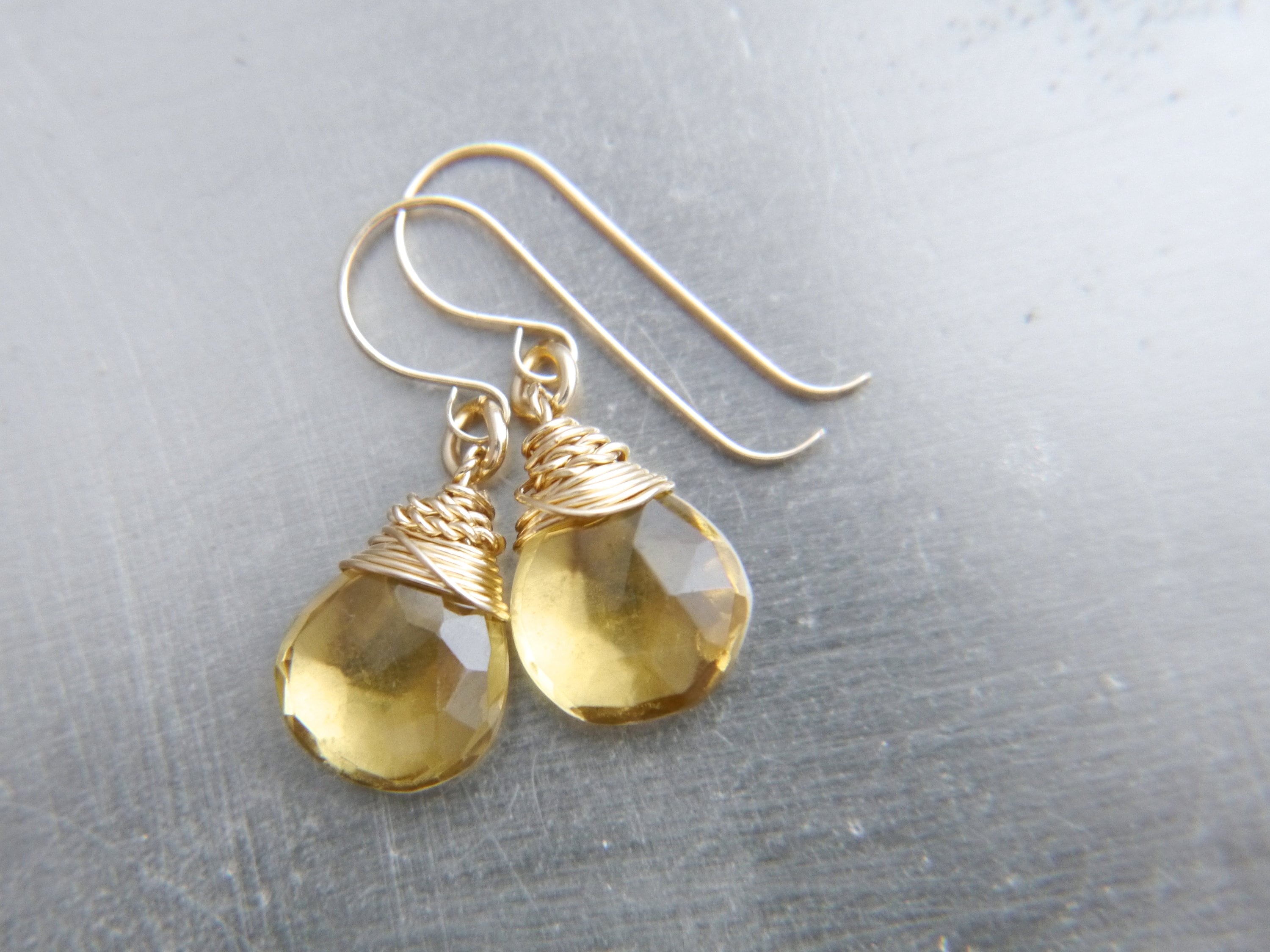 Beer Quartz Drop Earrings, Gold Filled Wire Wrapped Gemstone Wedding Bride