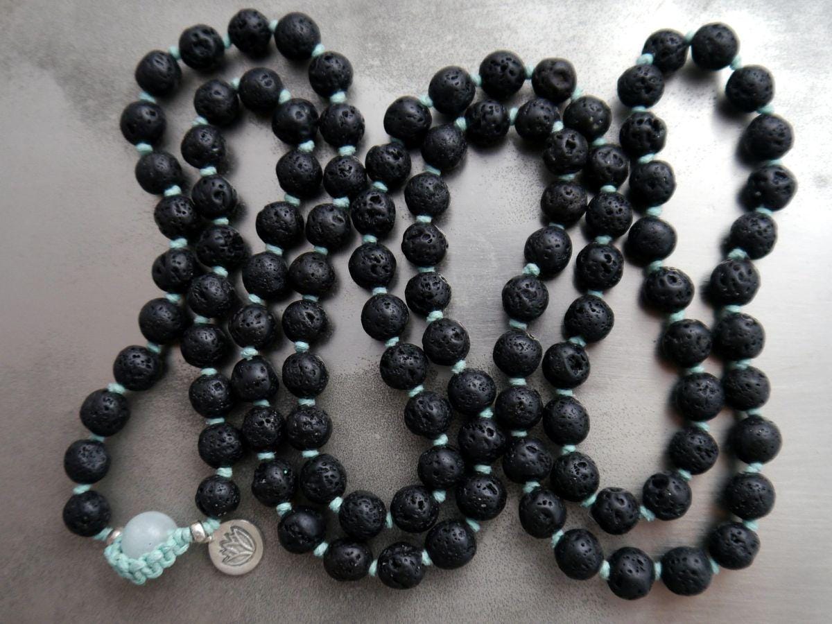 Black Lava Rock 108 Mala Bead , Wrap, Hand Knotted Tibetan Prayer Beads
