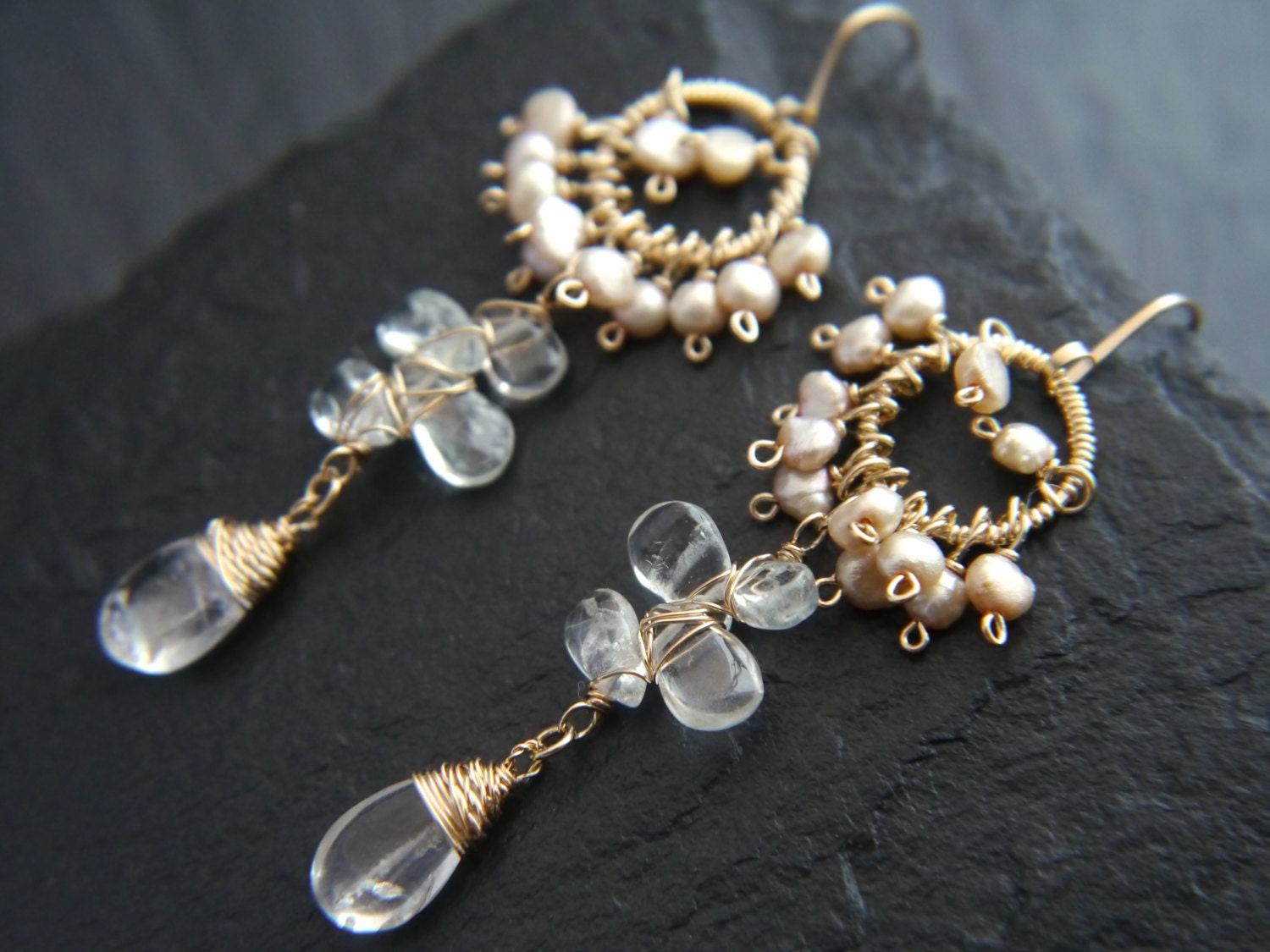 Aquamarine Pink Pearl Cluster Chandelier Earrings, 14K Gold Filled Long Dangle, Bridal Jewelry