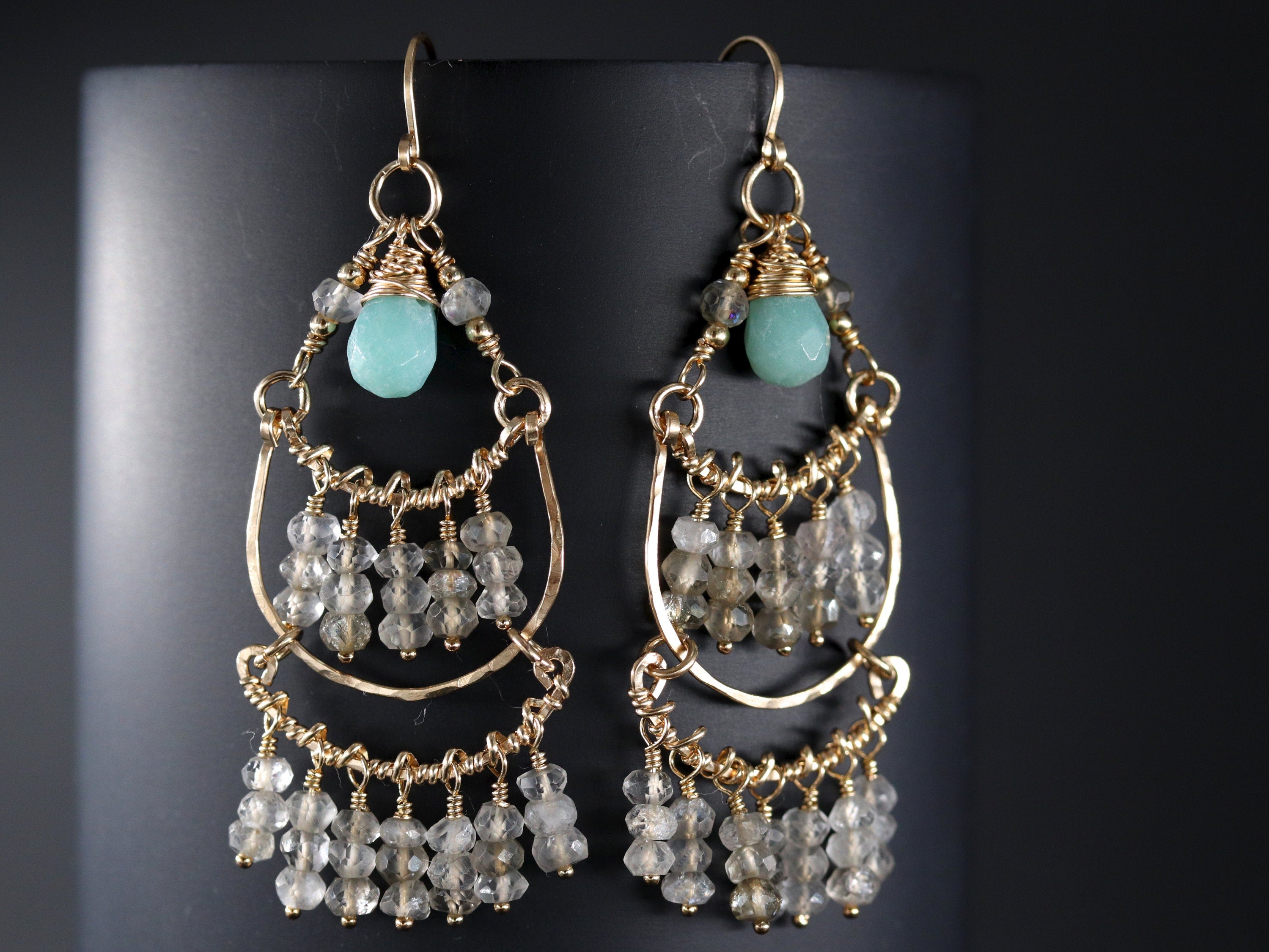 Labradorite Amazonite Chandelier Fringe Gemstone Earrings, 14K Gold Filled Bohemian Style